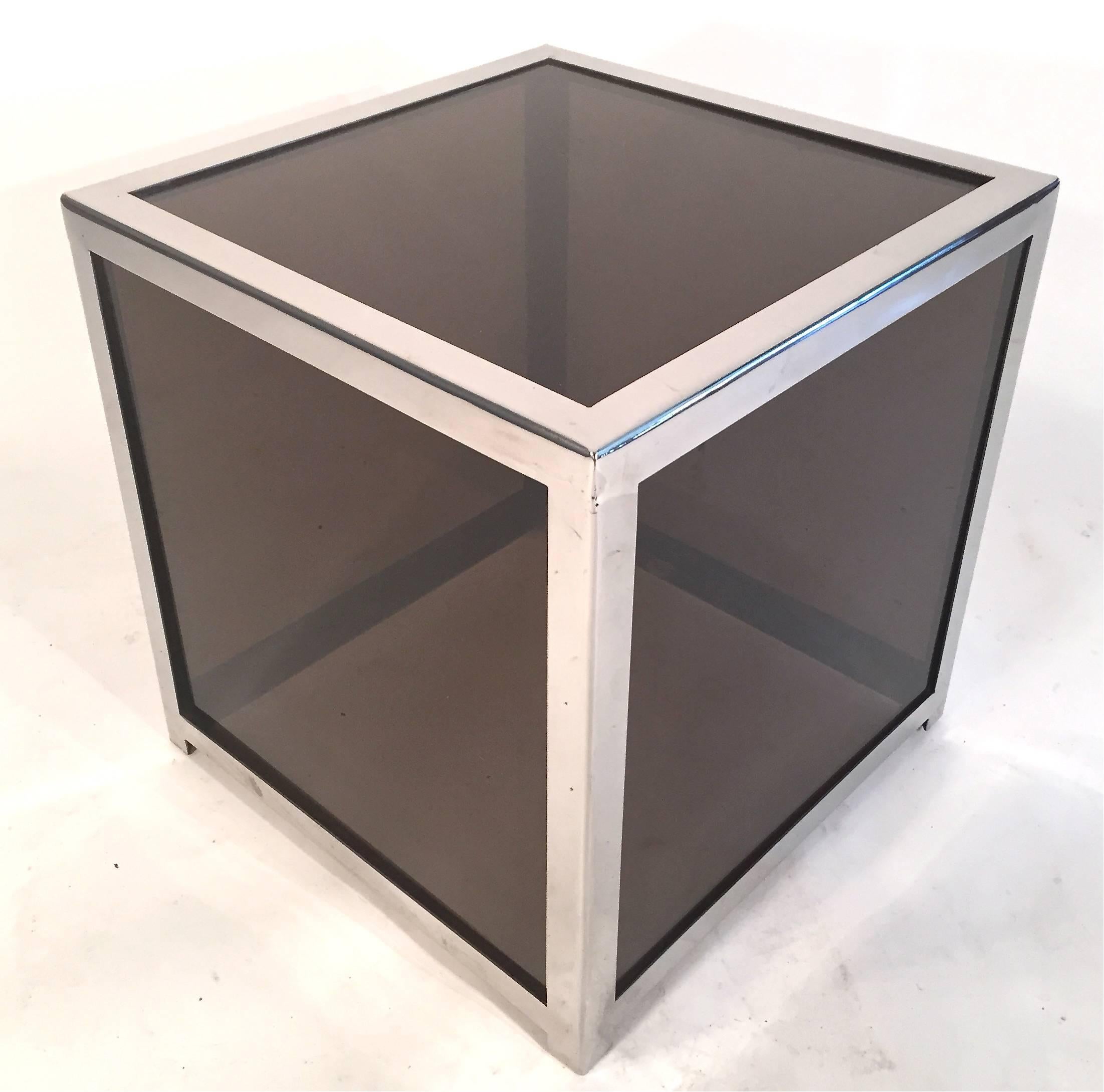 Chrome trimmed smoked acrylic cube table attributed to Alessandro Albrizzi. Italy, 1970s.