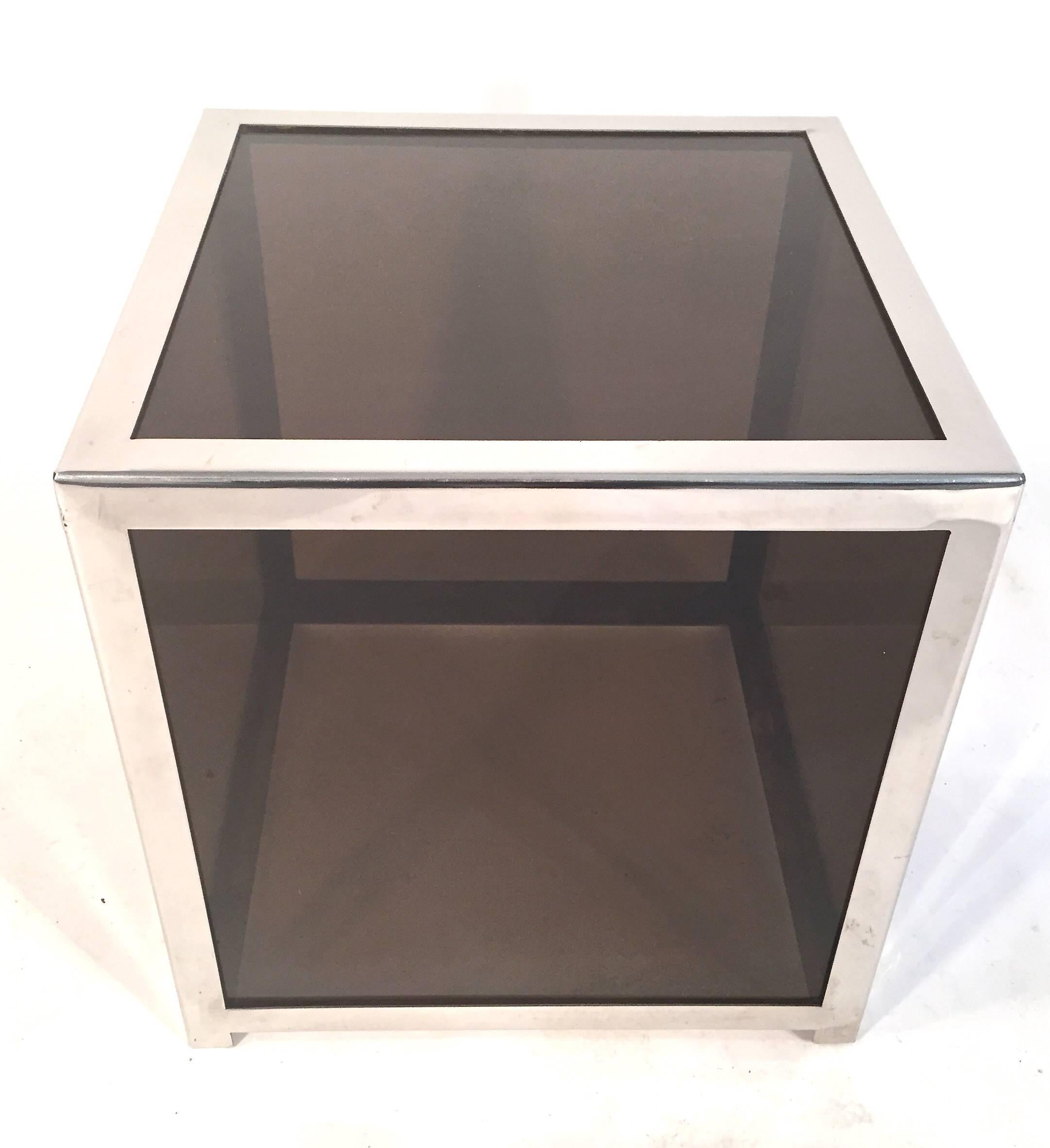 Late 20th Century Chrome Trimmed Smoked Acrylic Cube Table Attributed to Alessandro Albrizzi For Sale