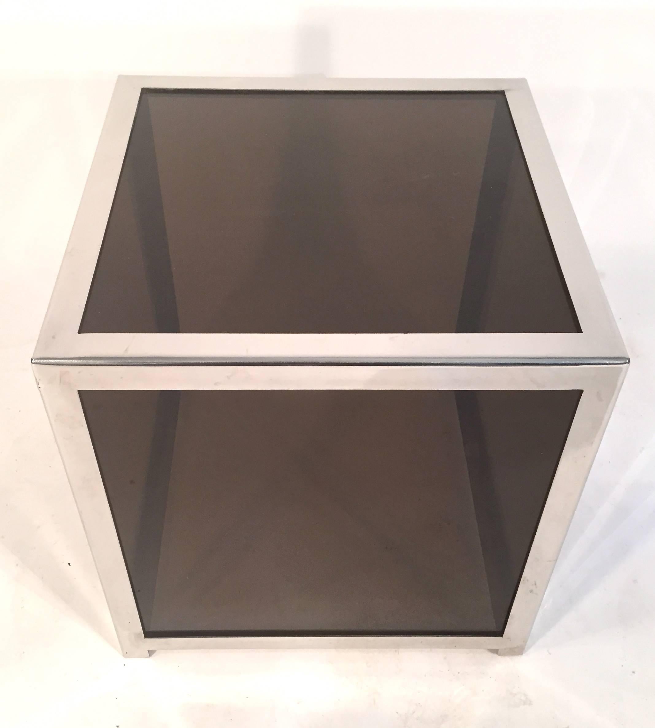 Chrome Trimmed Smoked Acrylic Cube Table Attributed to Alessandro Albrizzi For Sale 1