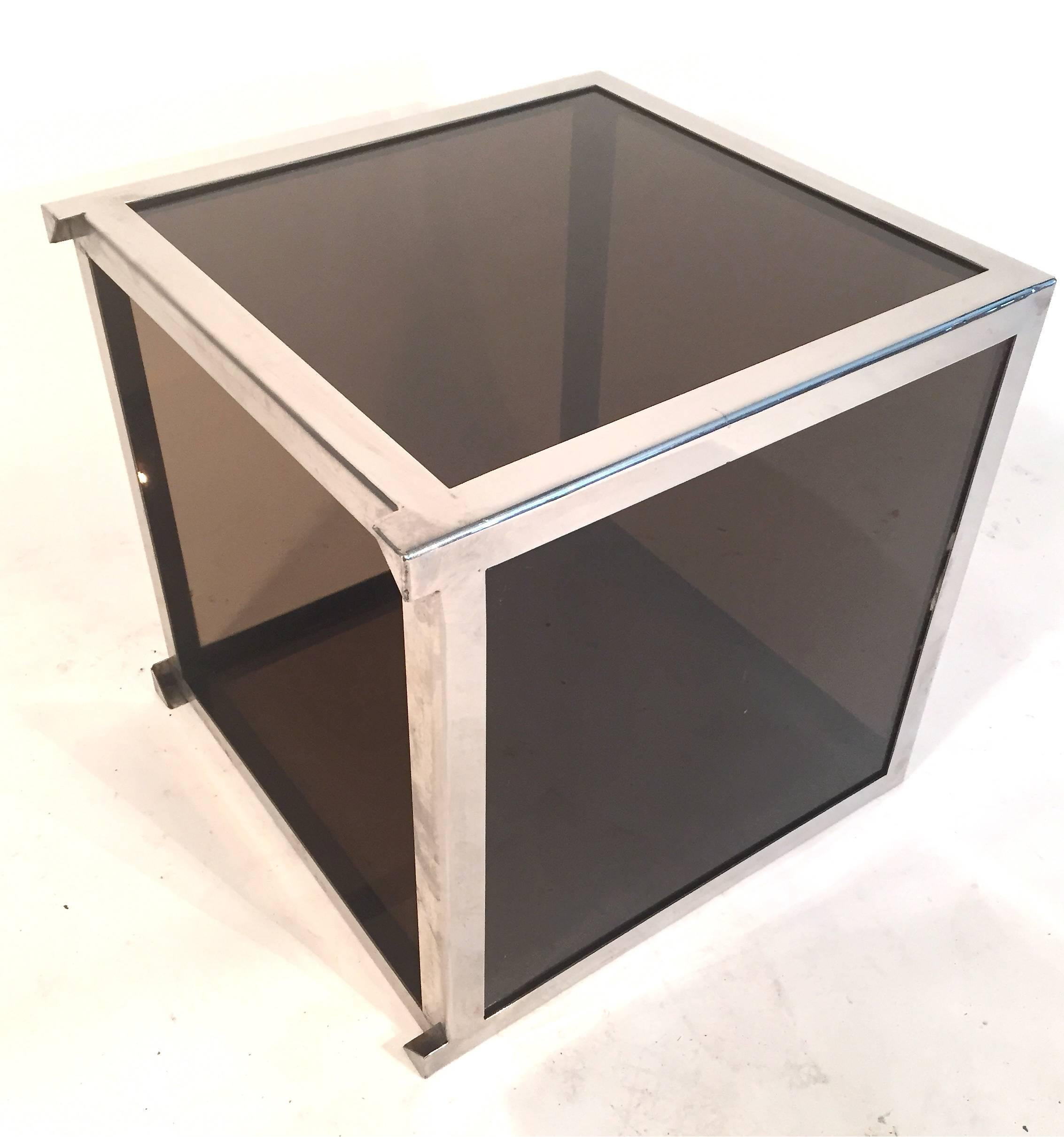 Chrome Trimmed Smoked Acrylic Cube Table Attributed to Alessandro Albrizzi For Sale 2