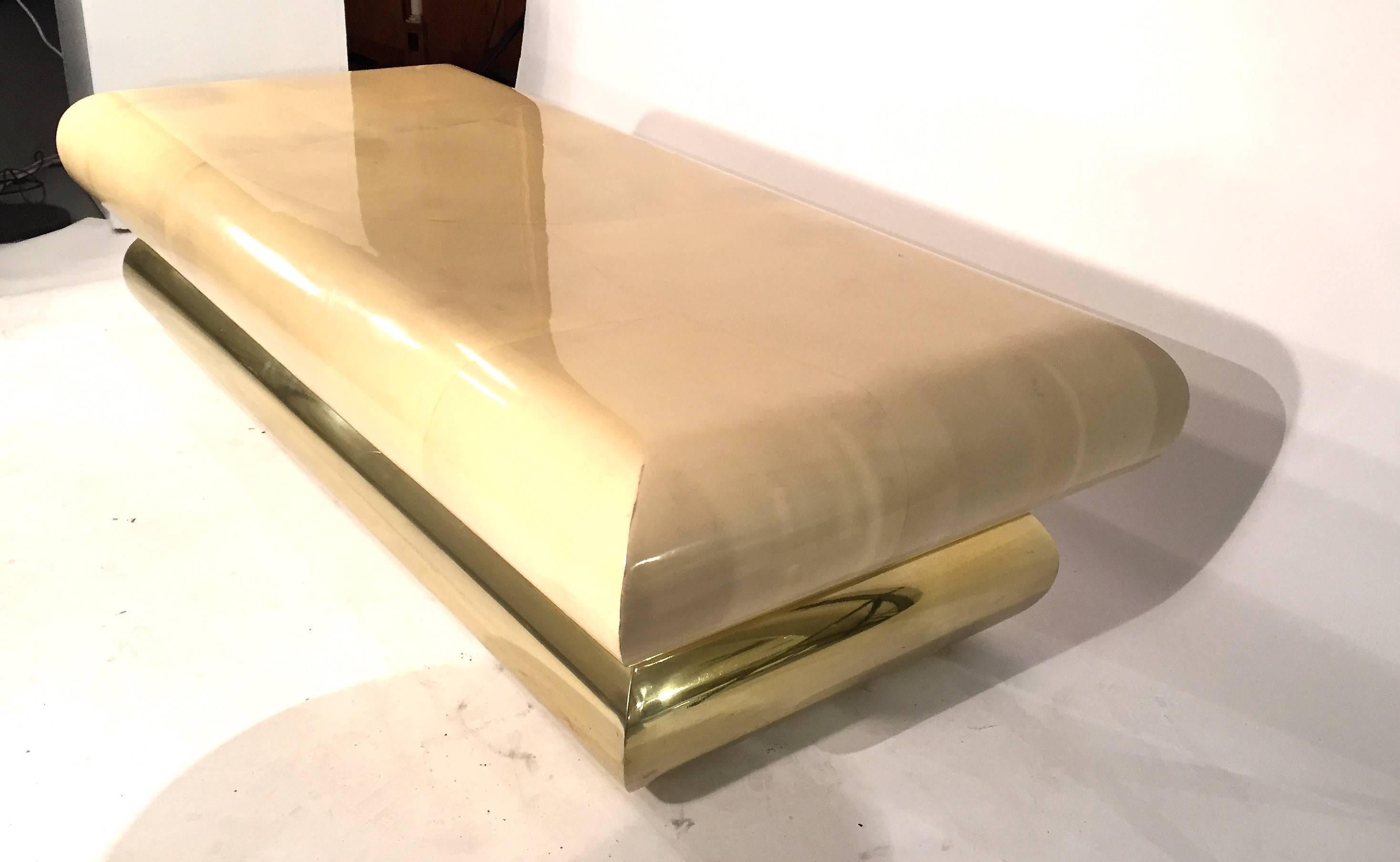 Parchment Lacquered Coffee Table with Brass Base For Sale 1