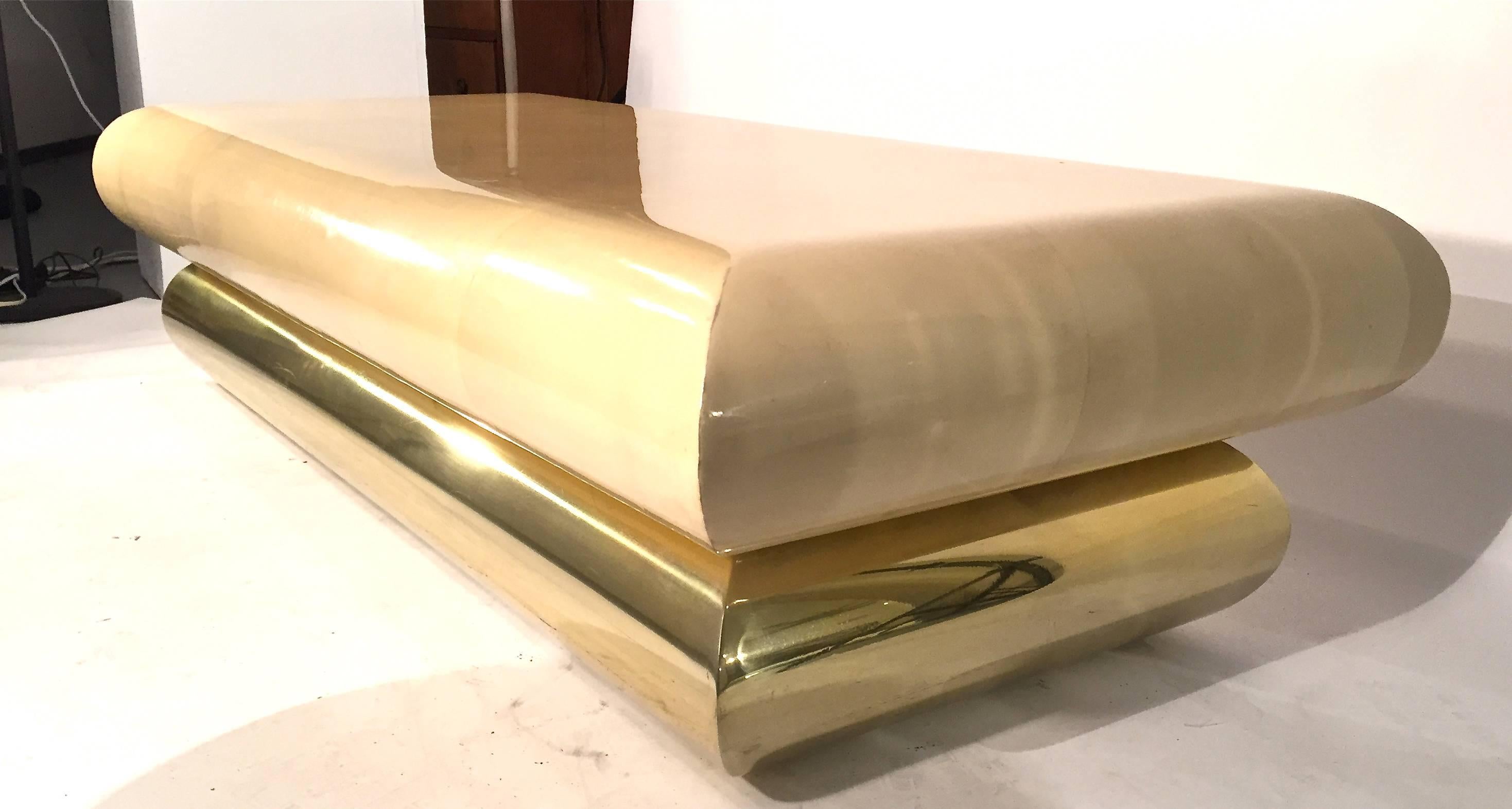 Parchment Lacquered Coffee Table with Brass Base For Sale 3