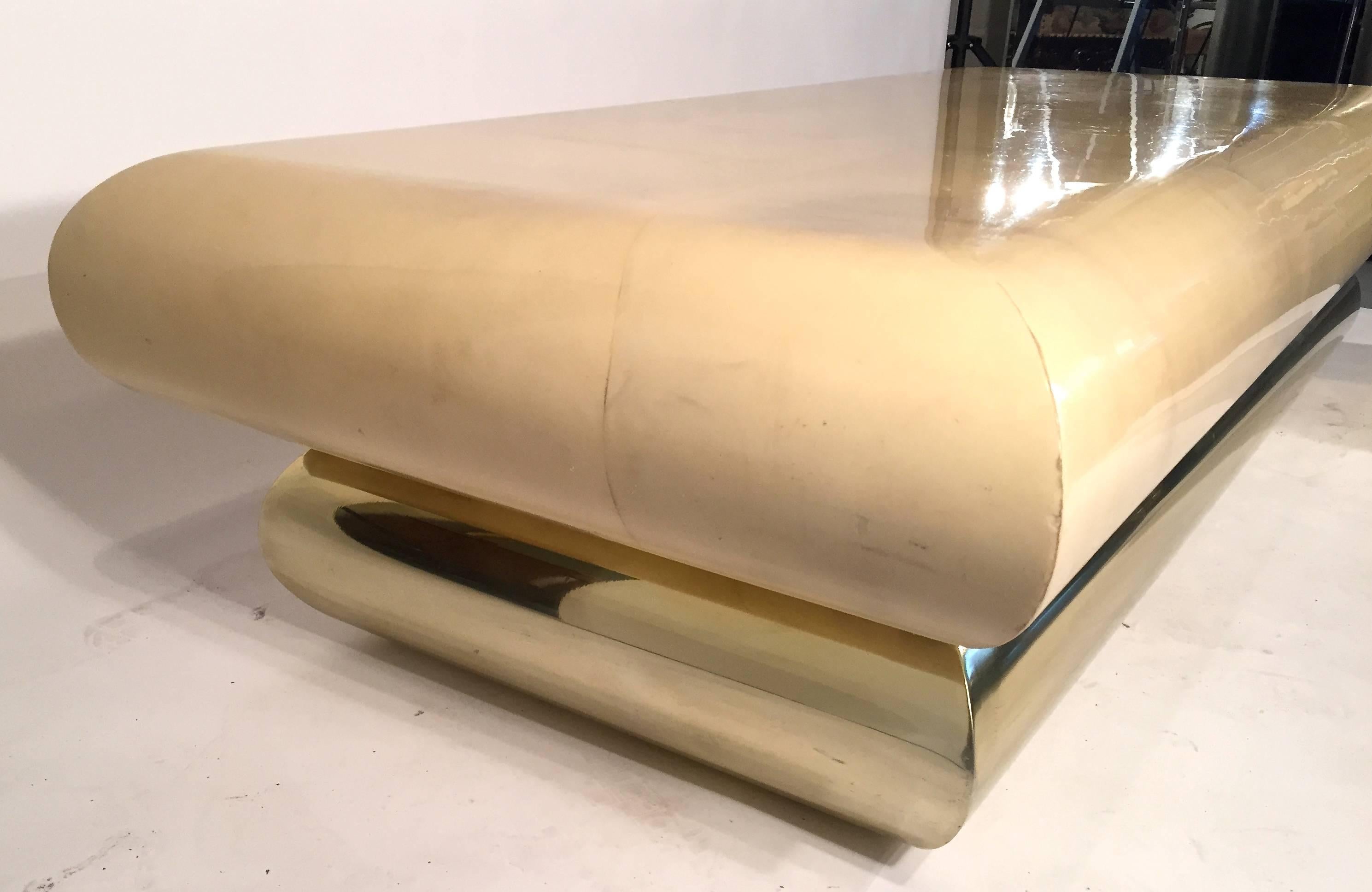 Parchment Lacquered Coffee Table with Brass Base For Sale 2