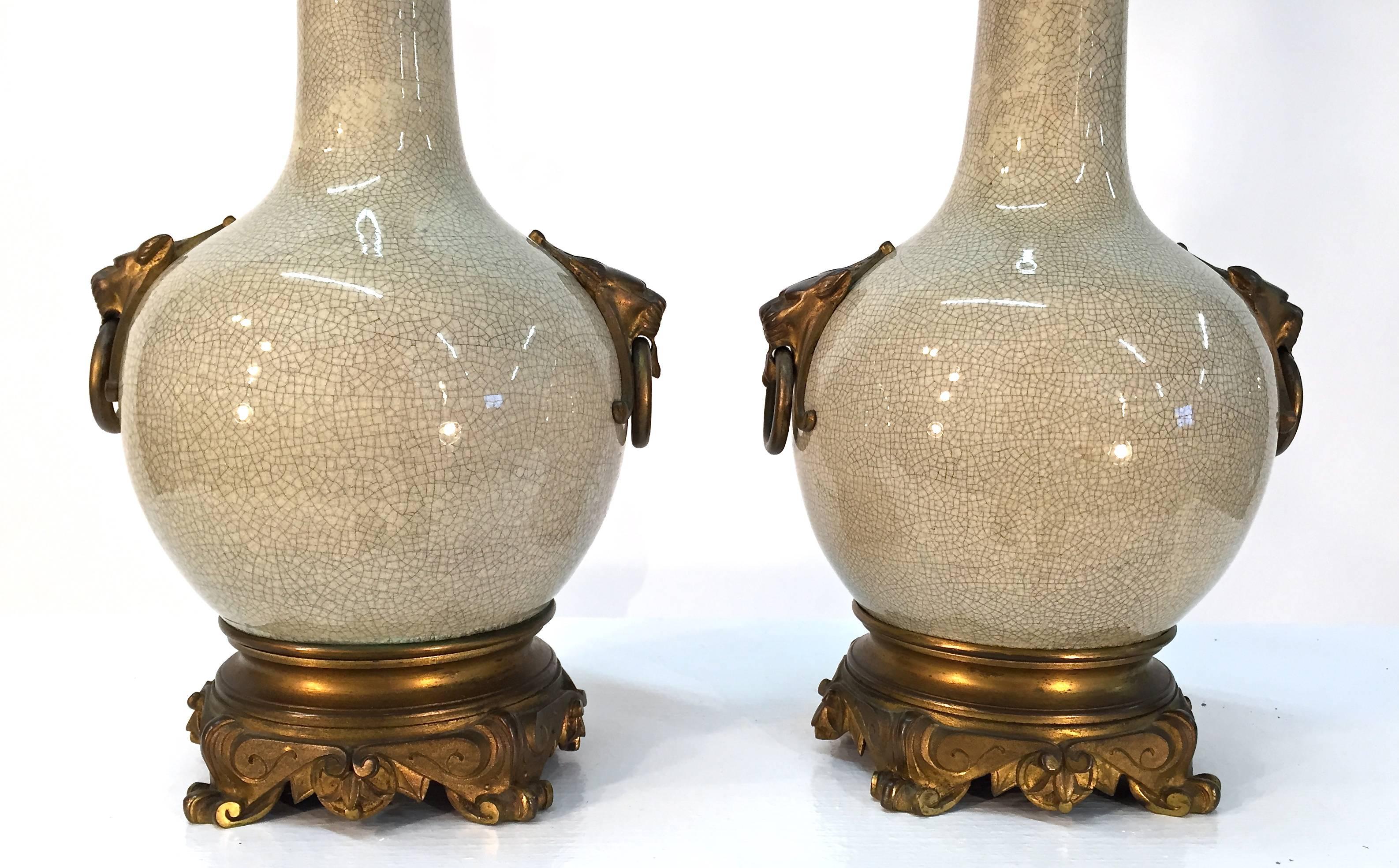 19th Century, French, Bronze-Mounted Crackle Glaze Ceramic Lamps For Sale 1