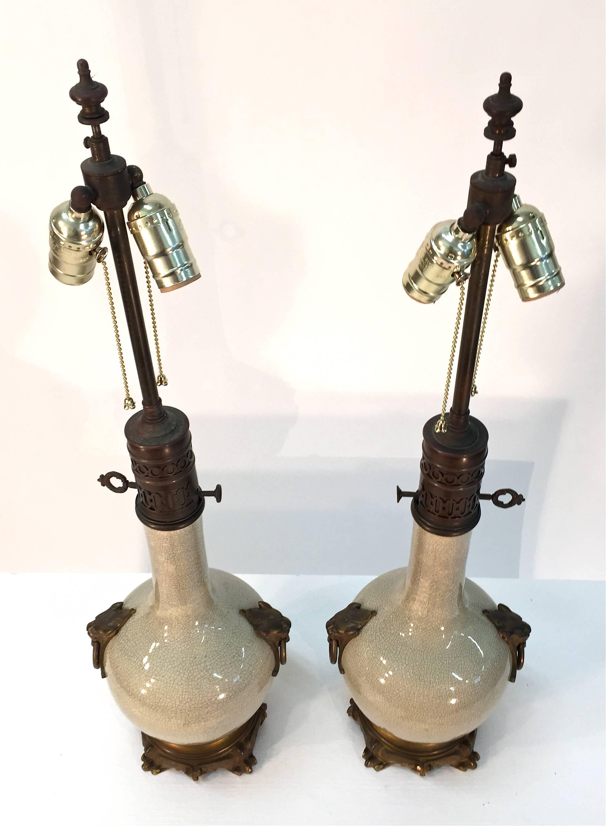 19th Century, French, Bronze-Mounted Crackle Glaze Ceramic Lamps For Sale 2