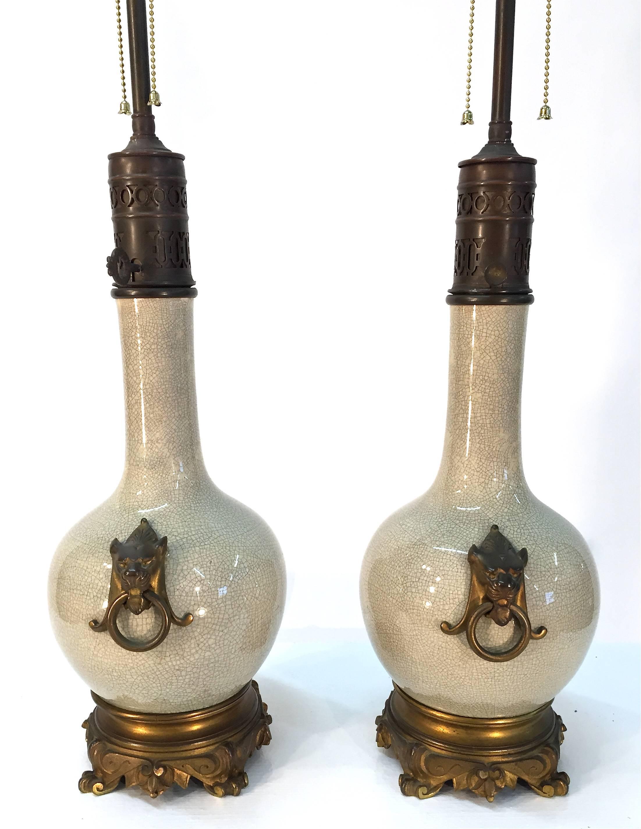 19th Century, French, Bronze-Mounted Crackle Glaze Ceramic Lamps For Sale 3