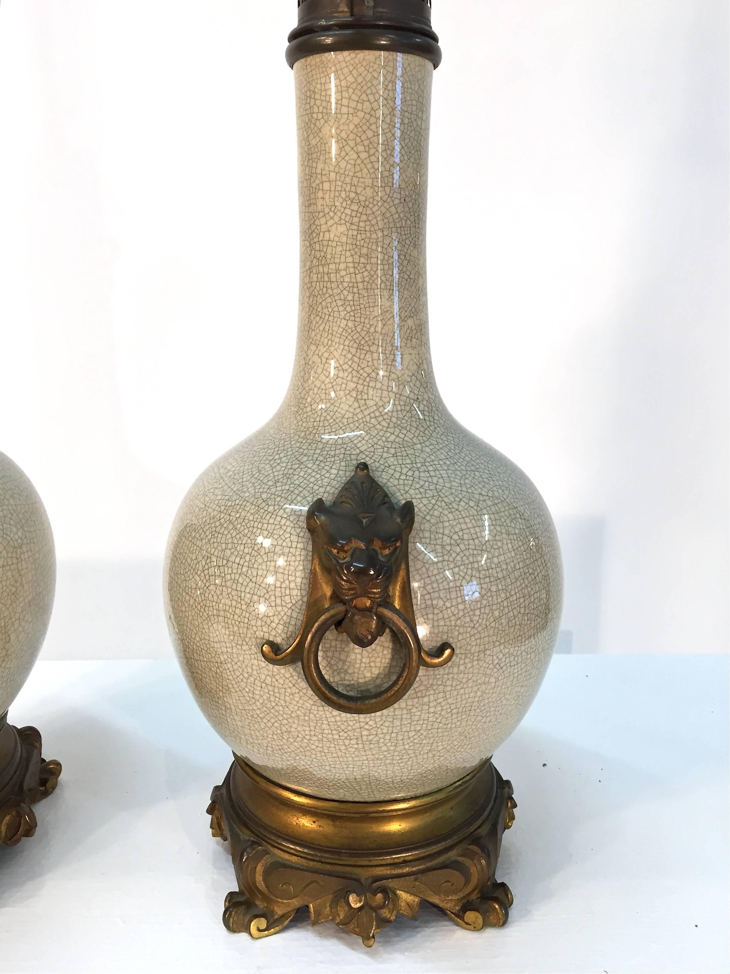 19th Century, French, Bronze-Mounted Crackle Glaze Ceramic Lamps For Sale 5