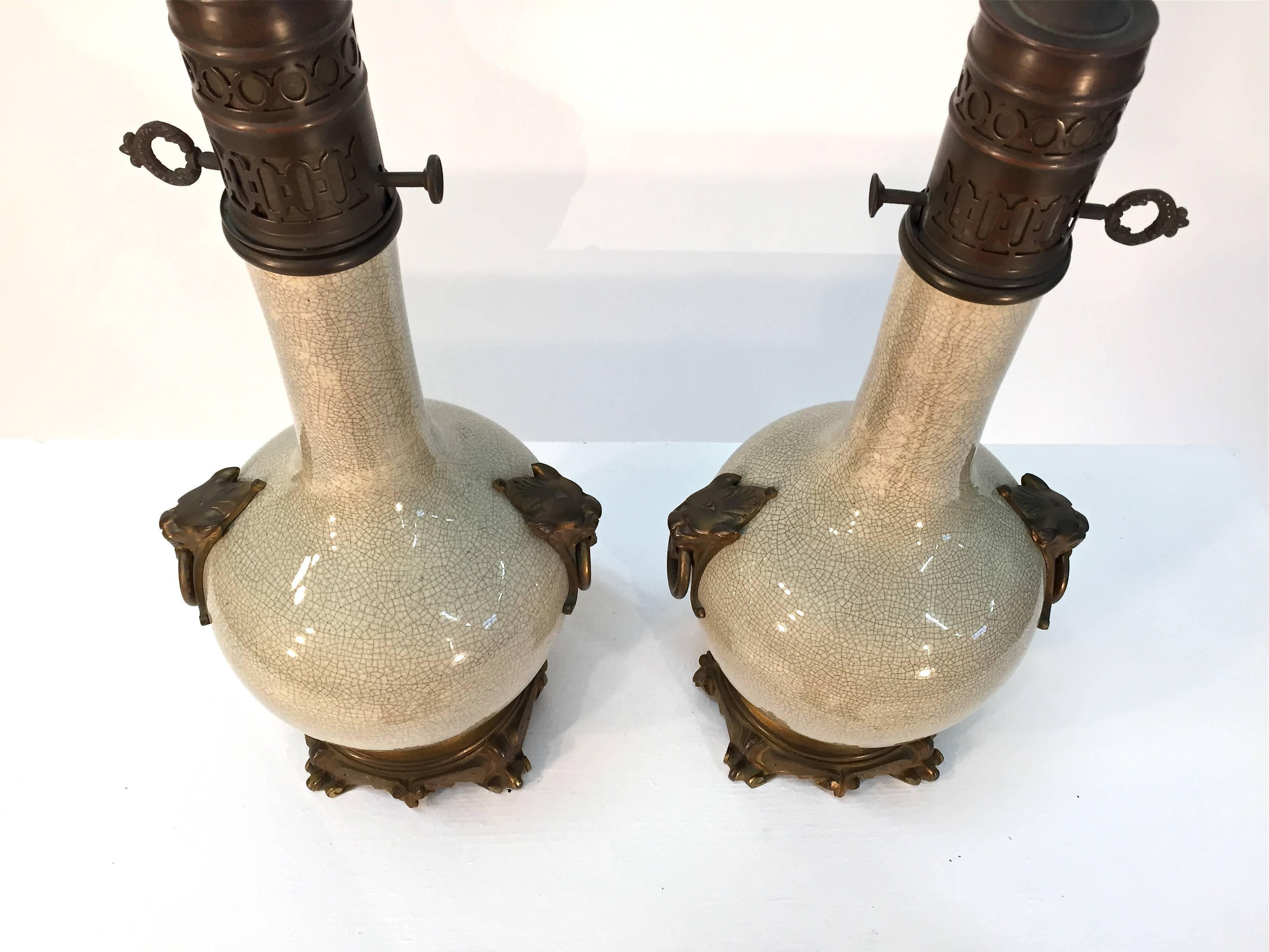 19th Century, French, Bronze-Mounted Crackle Glaze Ceramic Lamps For Sale 7