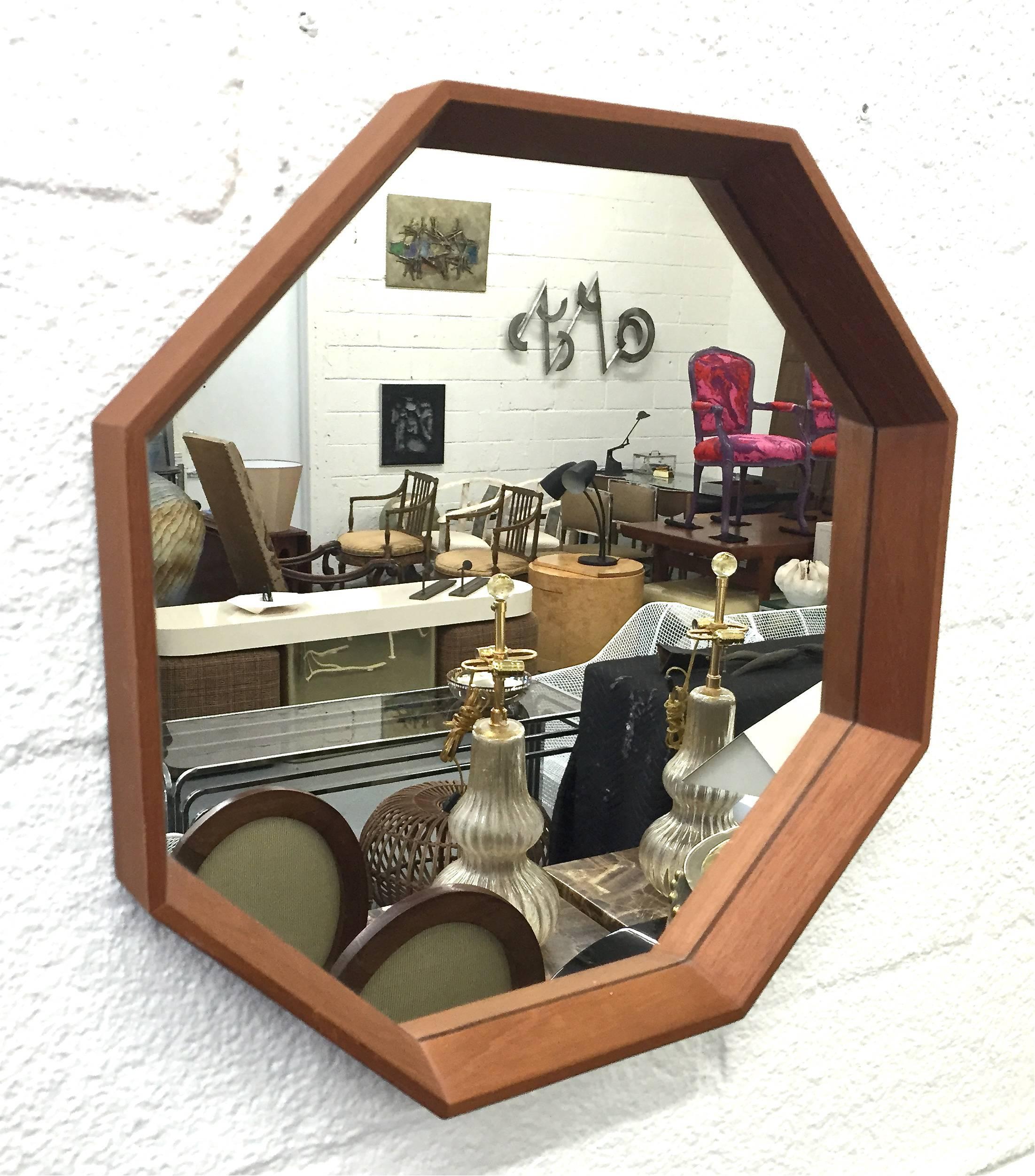 Octagonal Danish Teak Wall Mirror In Good Condition For Sale In Lake Success, NY