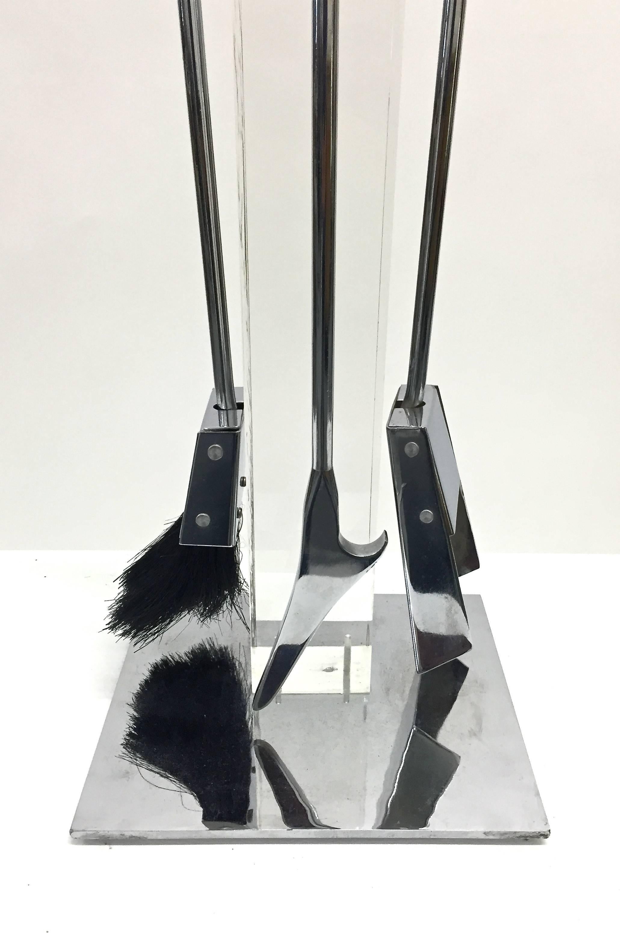 Lucite and Chrome Modern Fireplace Tools, 1970s For Sale 1