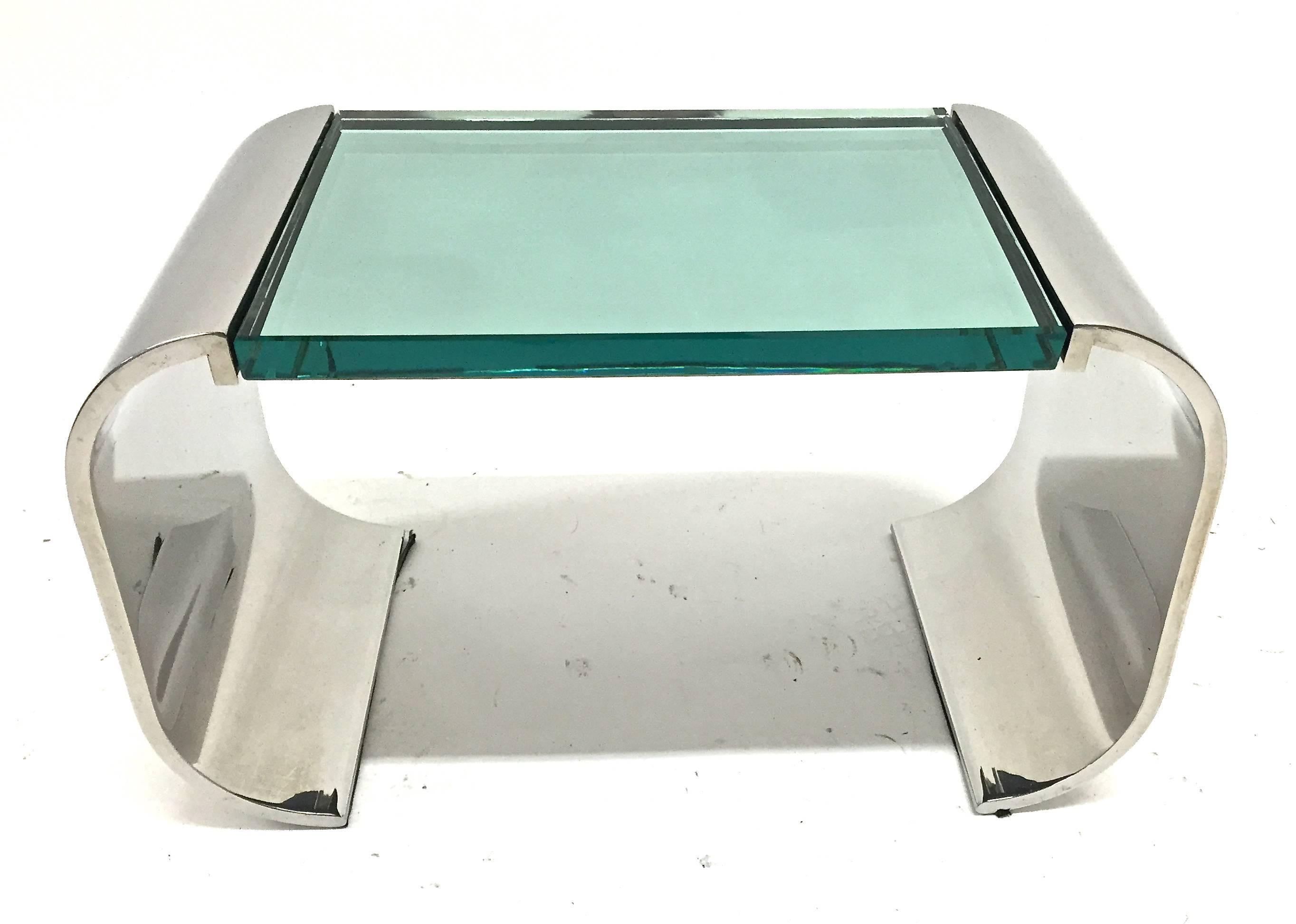 Stanley Jay Friedman for Brueton stainless steel and glass sculptural Macao low table, 1970s.