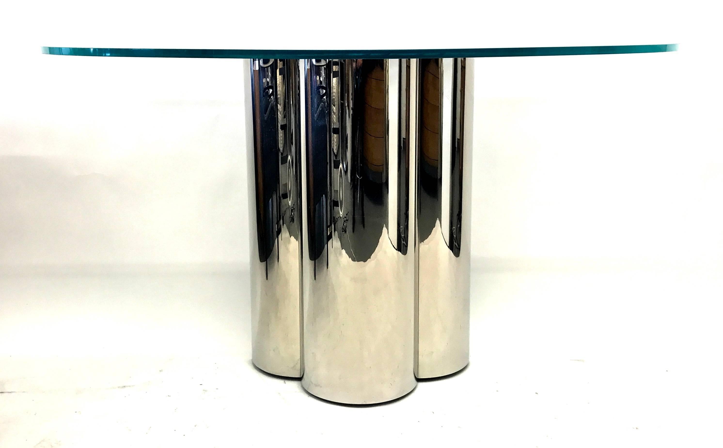 Stainless steel trefoil form console table with a glass top, USA, 1970s.