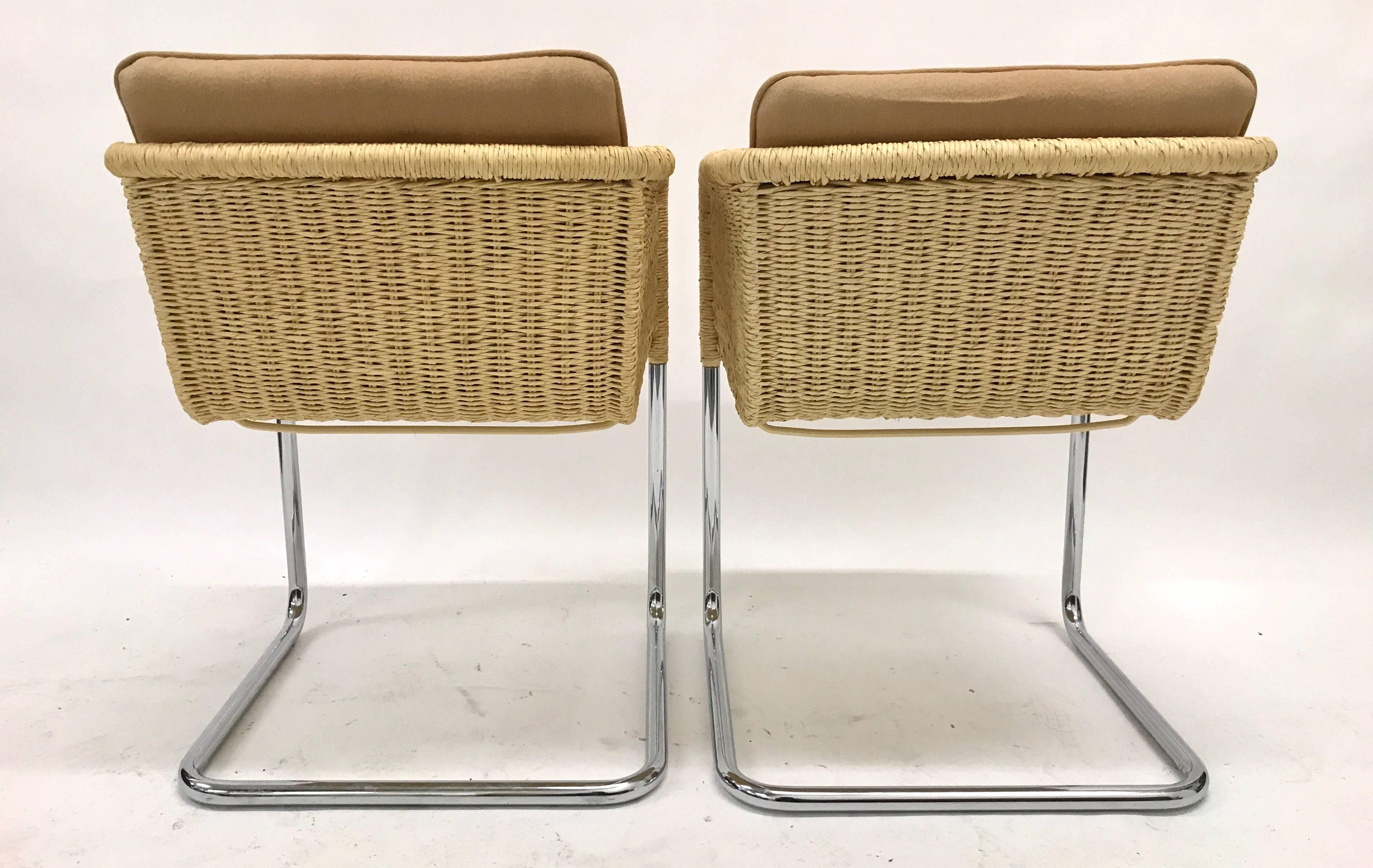 Late 20th Century Set of Four Wicker and Chrome Cantilever Chairs by Harvey Probber