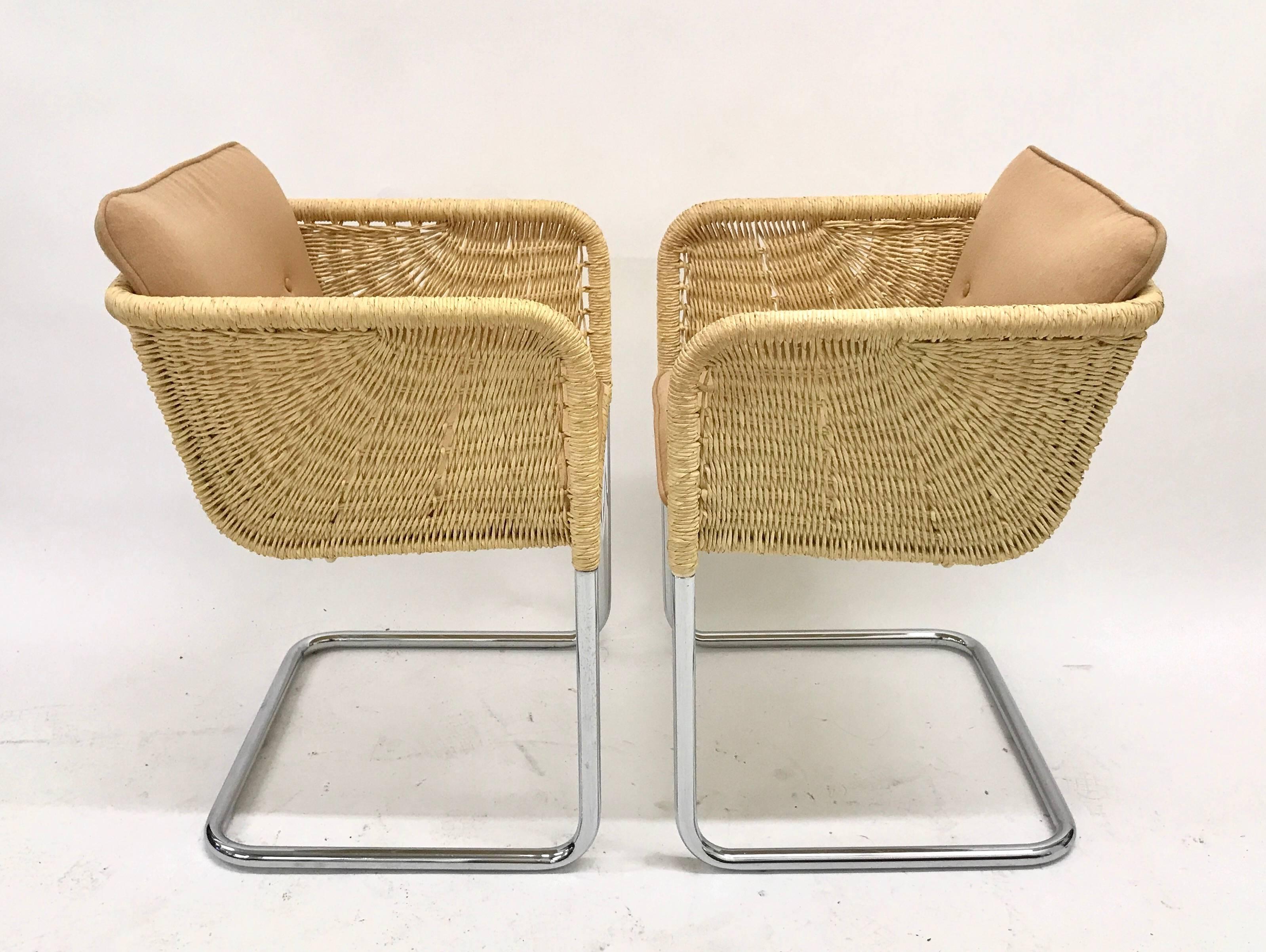 Set of Four Wicker and Chrome Cantilever Chairs by Harvey Probber 1