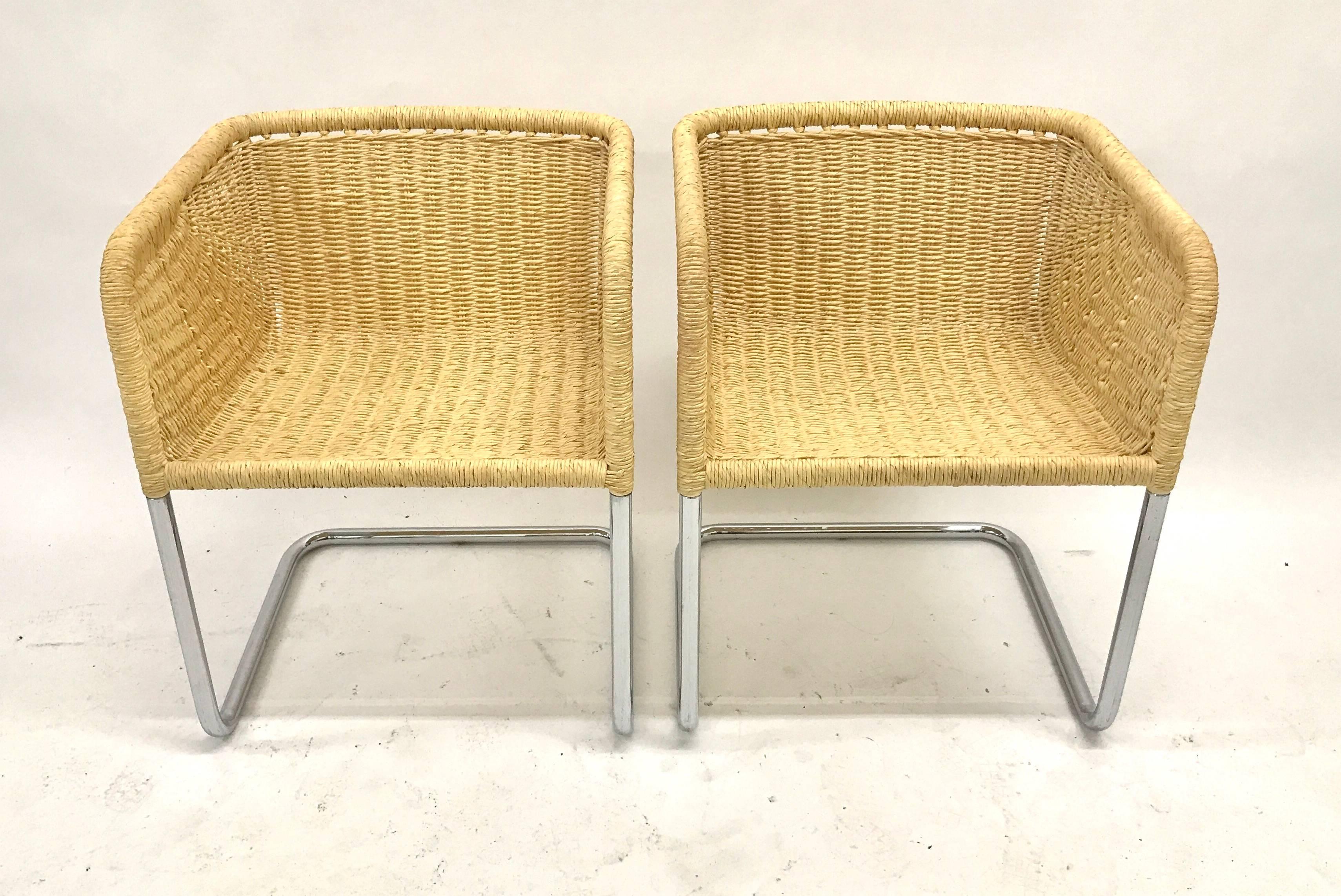 Set of Four Wicker and Chrome Cantilever Chairs by Harvey Probber 2