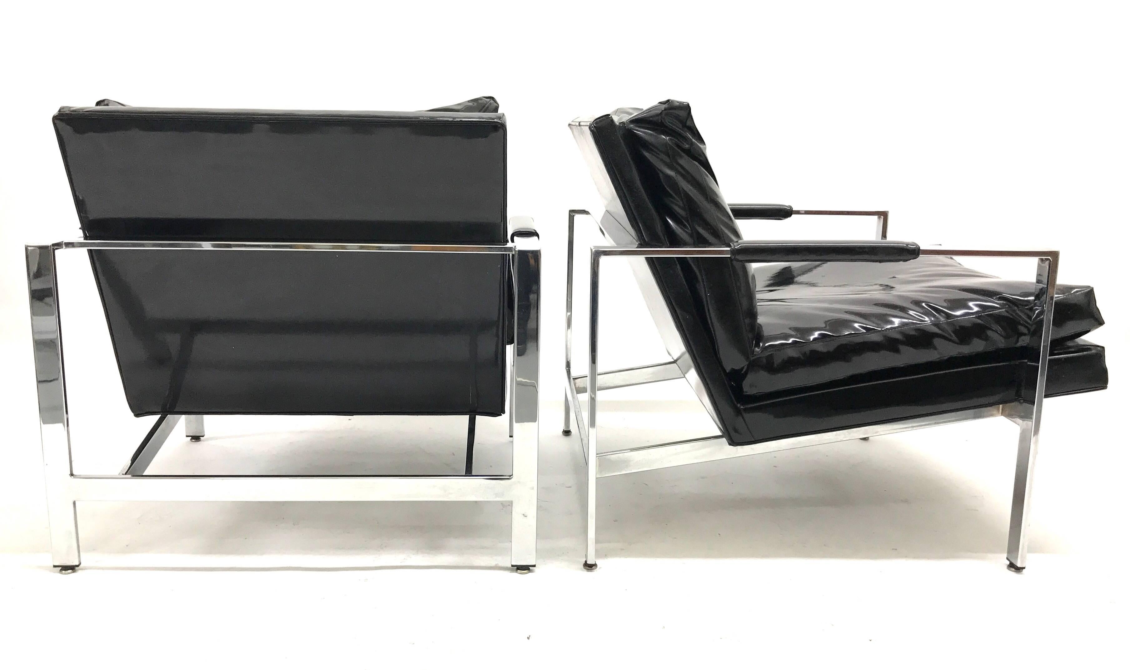 Late 20th Century Milo Baughman for Thayer Coggin Chrome Flat Bar Lounge Chairs For Sale
