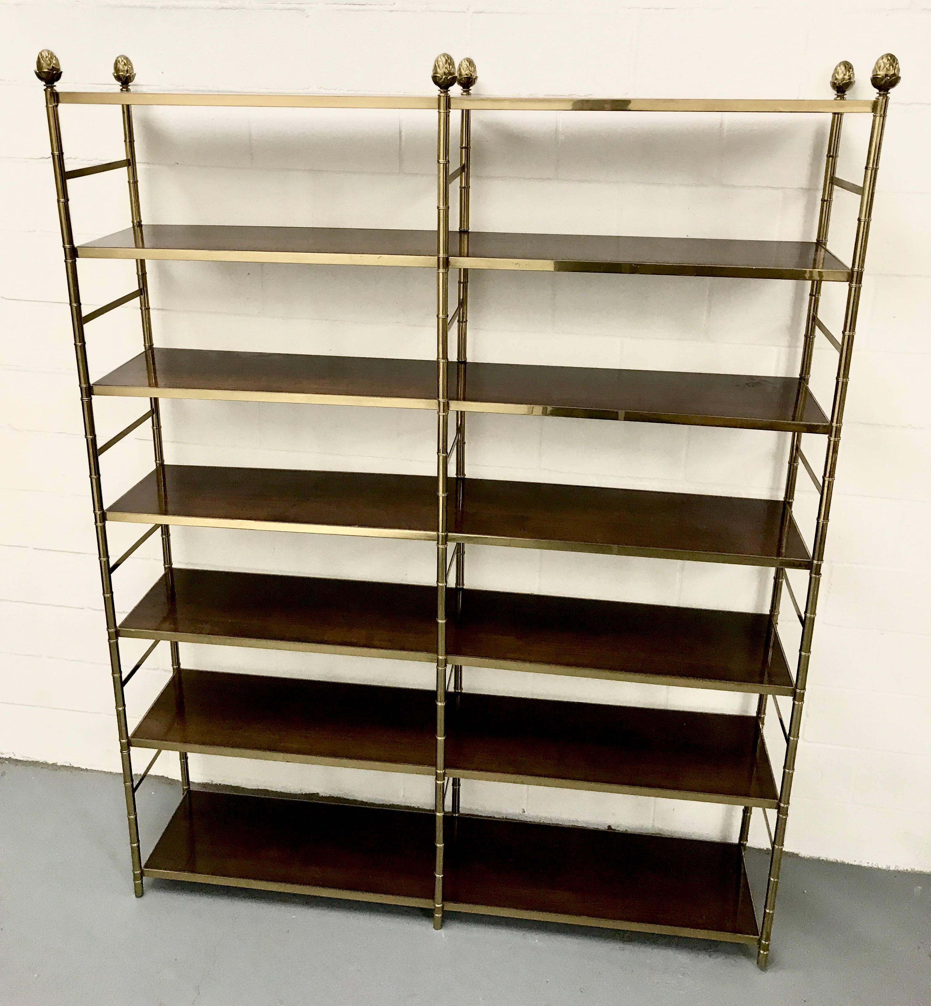 Large Brass Faux Bamboo Etagere with Inset Wood Shelves For Sale 2