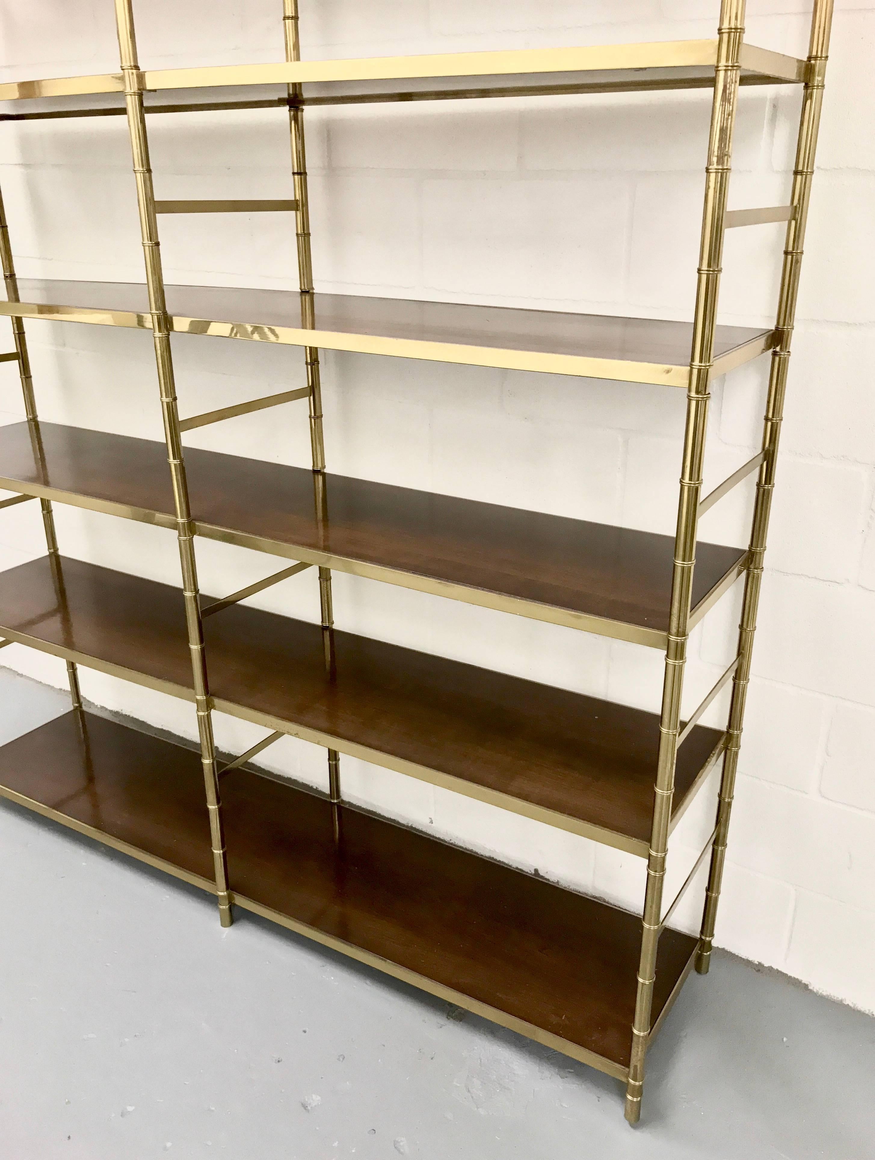 Large Brass Faux Bamboo Etagere with Inset Wood Shelves In Good Condition For Sale In Lake Success, NY