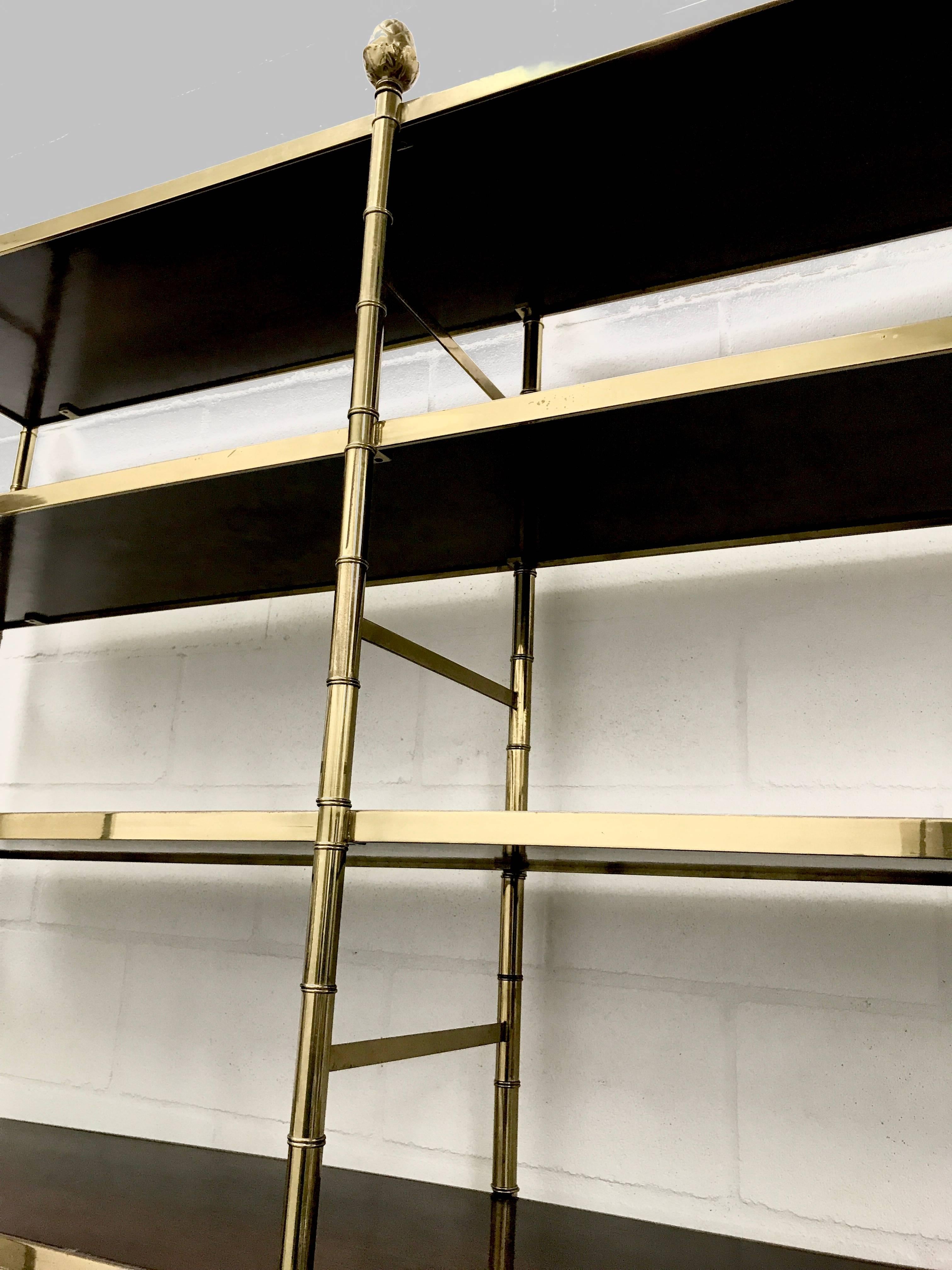 Large Brass Faux Bamboo Etagere with Inset Wood Shelves For Sale 3