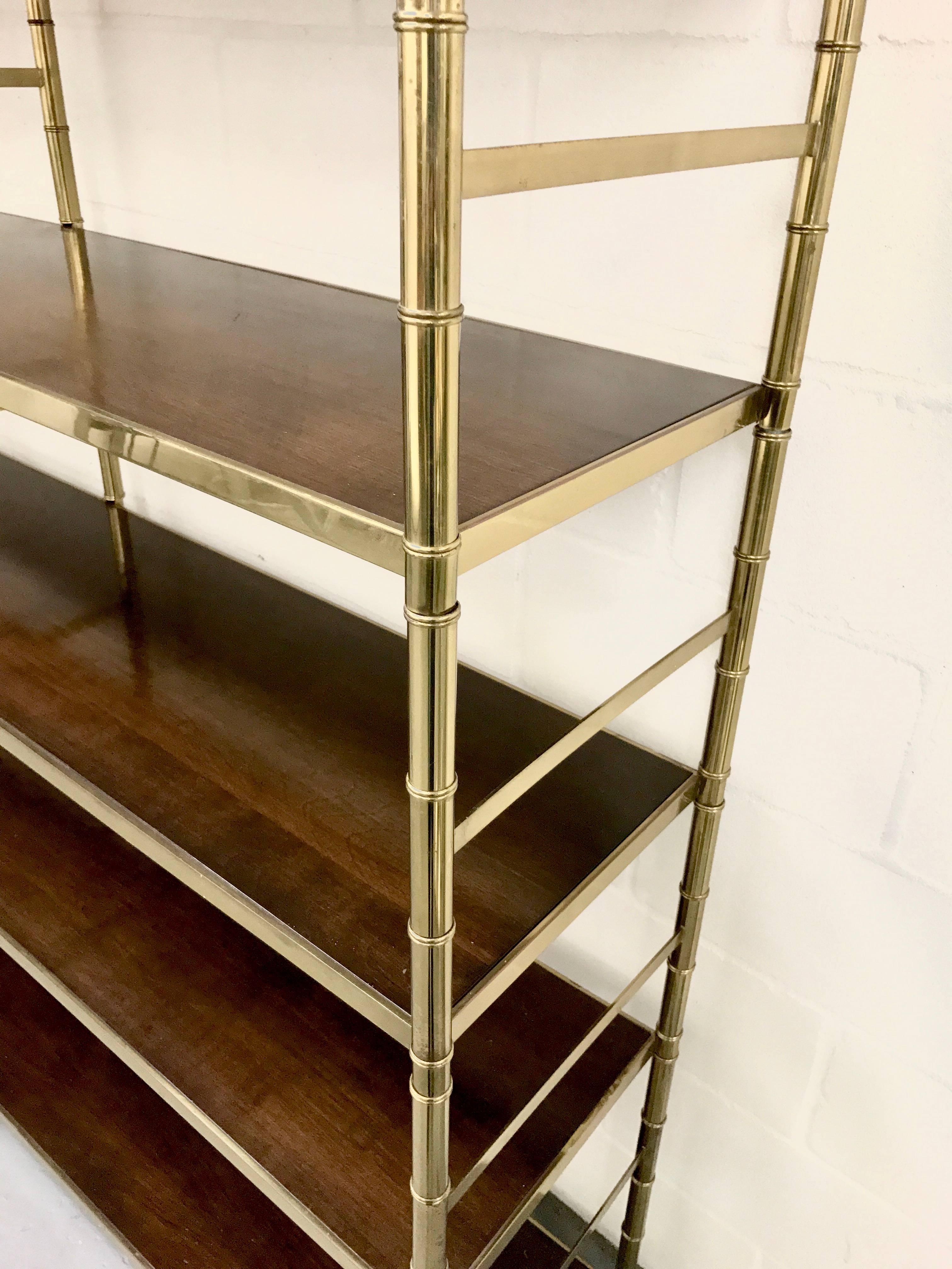 Late 20th Century Large Brass Faux Bamboo Etagere with Inset Wood Shelves For Sale