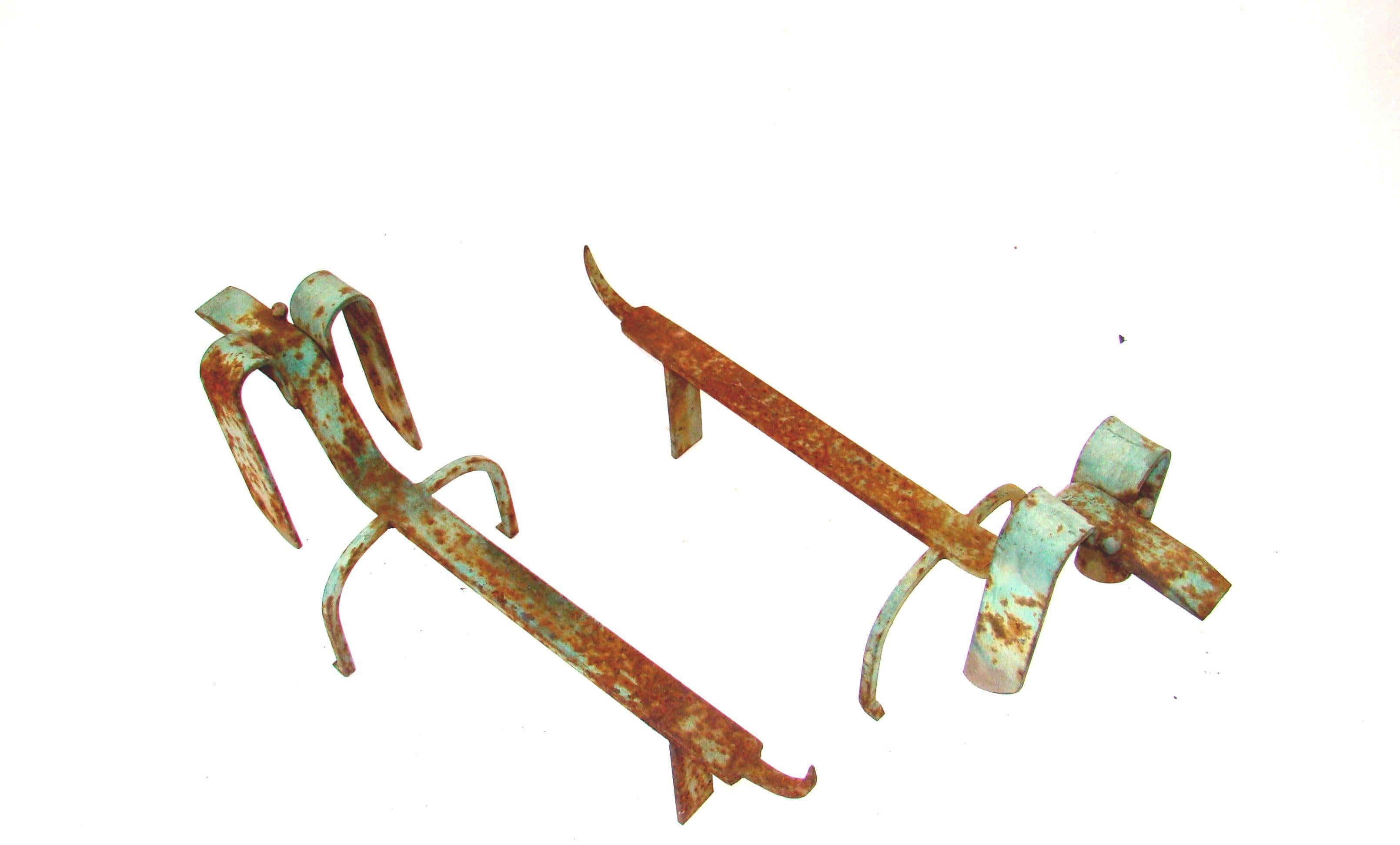 French Wrought Iron Pair of Andirons in the Style of Edouard Schenck, circa 1950 For Sale