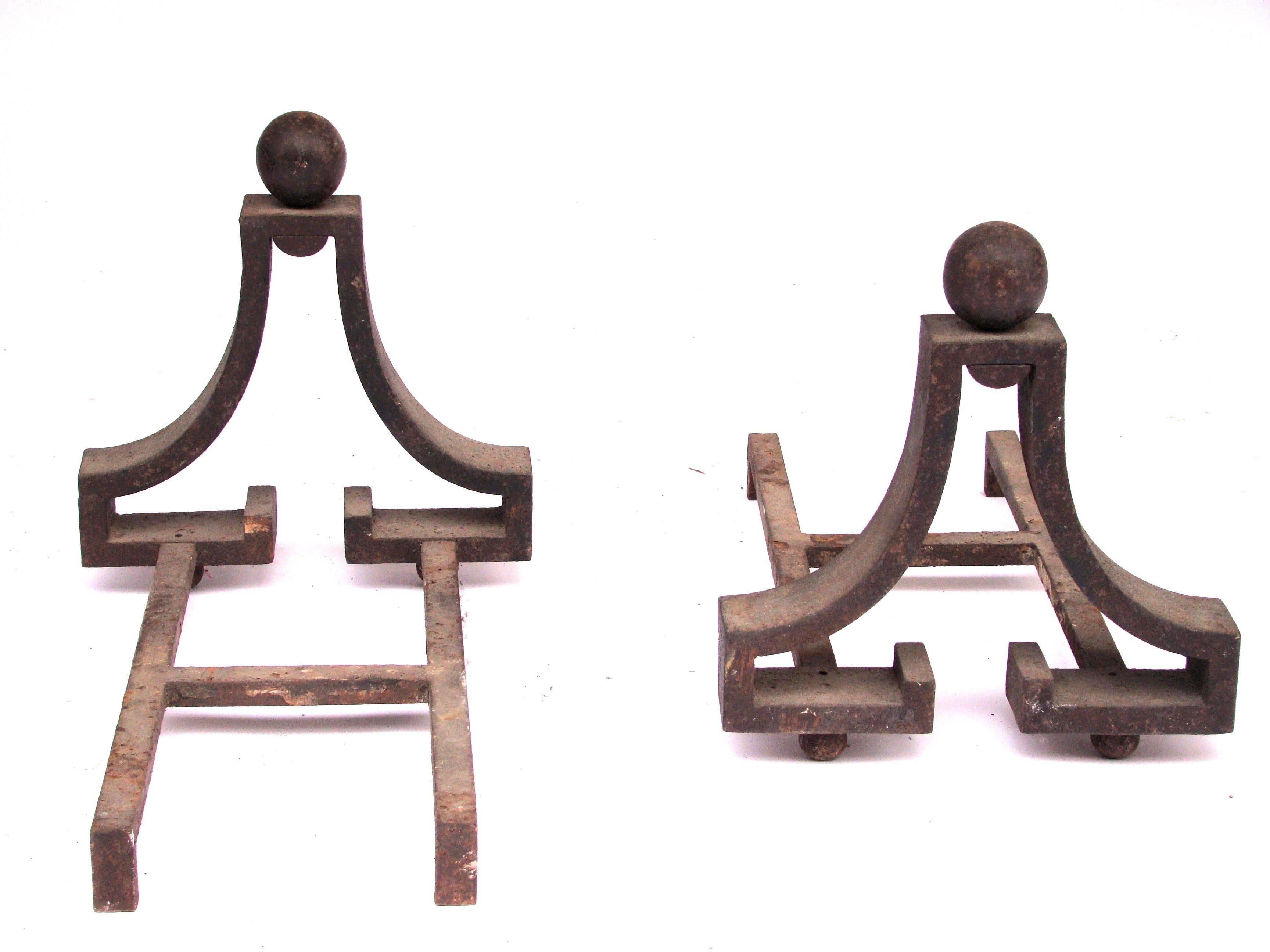 19th Century French Neoclassical Wrought Iron Pair of Andirons in the Style of Poillerat