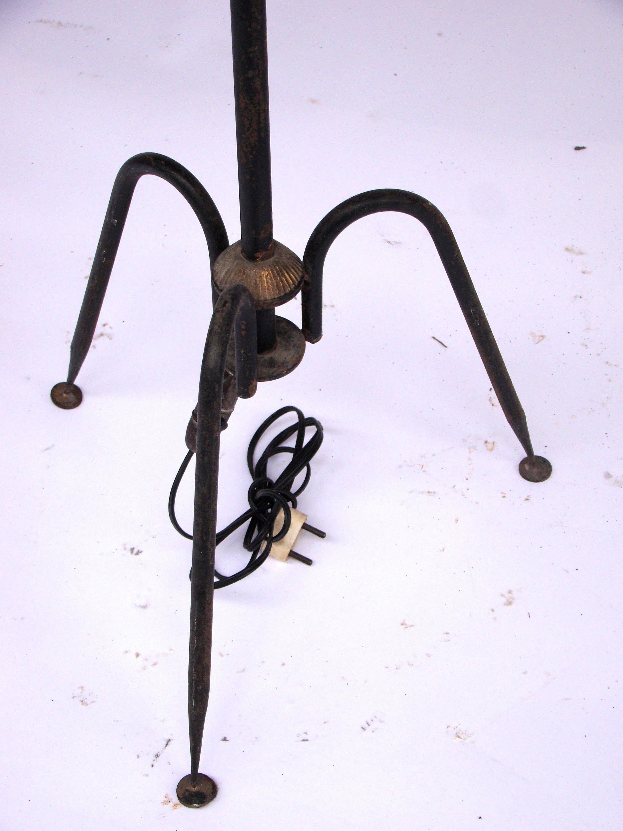 Mid-20th Century 1950s French Golden and Burnished Black Wrought Iron Rocker Arm Floor Lamp For Sale