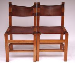 1970s French Set of Four Solid Elm and Leather Dining Chairs by Maison Regain