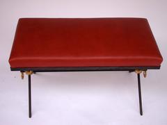 French Black and Golden Lacquered Wrought Iron and Leather Bench Seat, 1940s