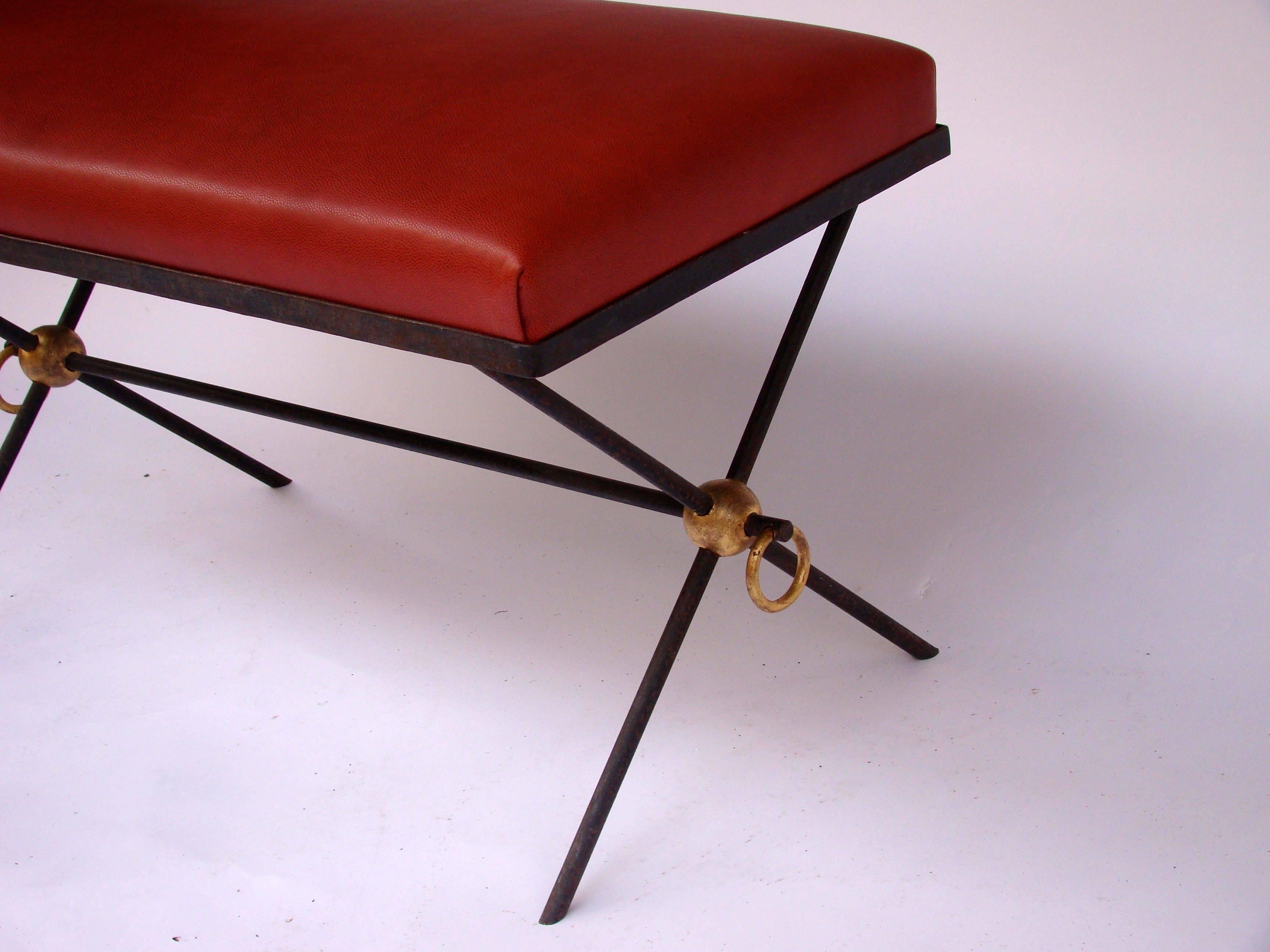 Mid-20th Century French Black and Golden Lacquered Wrought Iron and Leather Bench Seat, 1940s