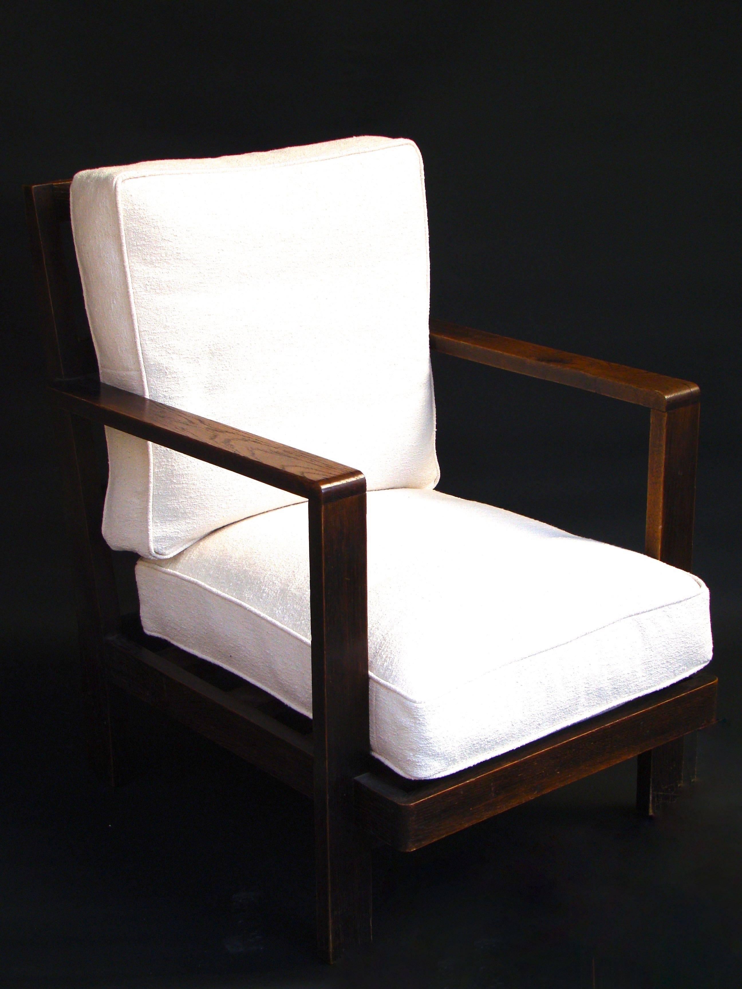 Handsome pair of oak tree and fabric armchairs, circa 1930.