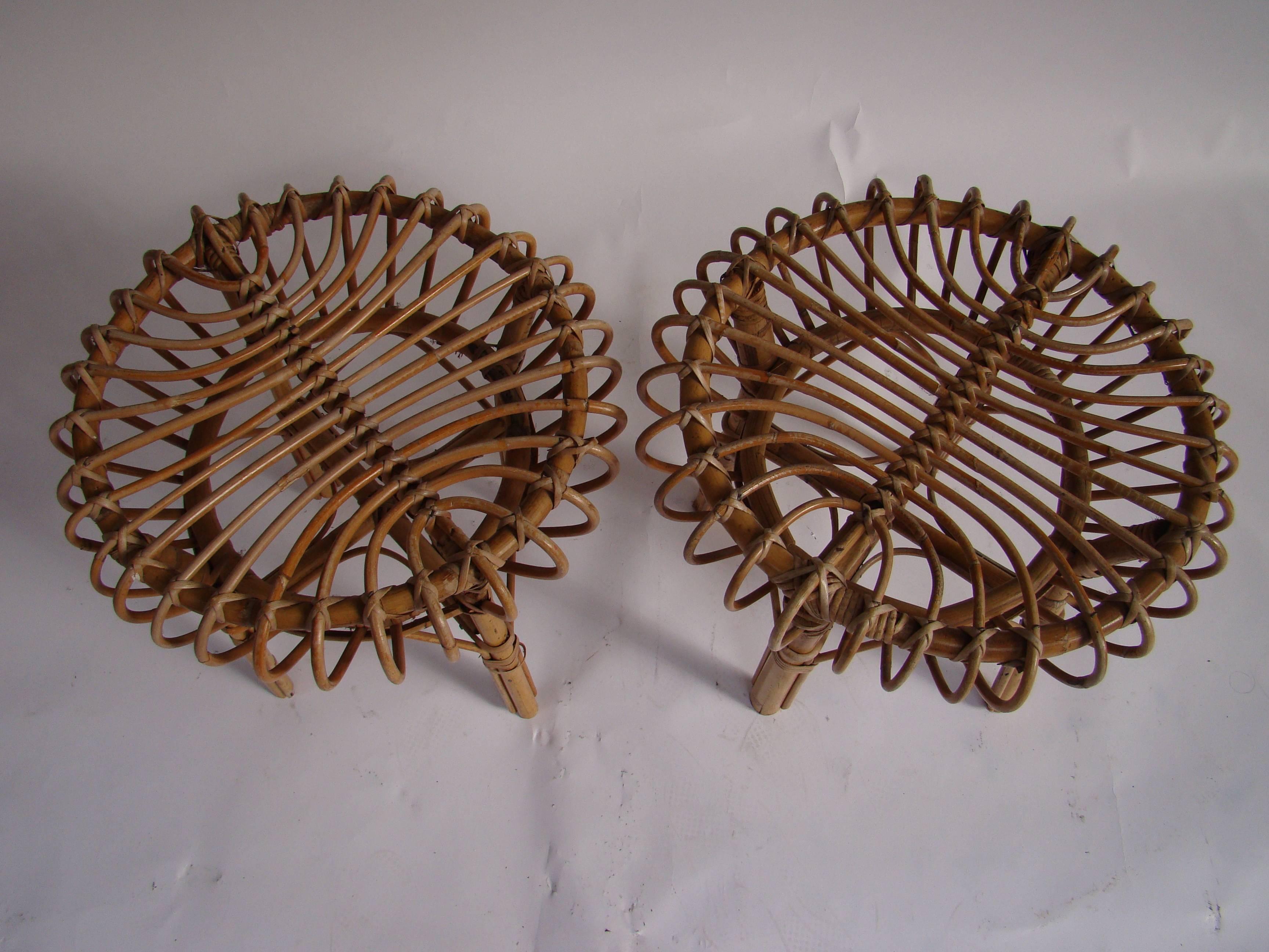 French Pair of Rattan Stools