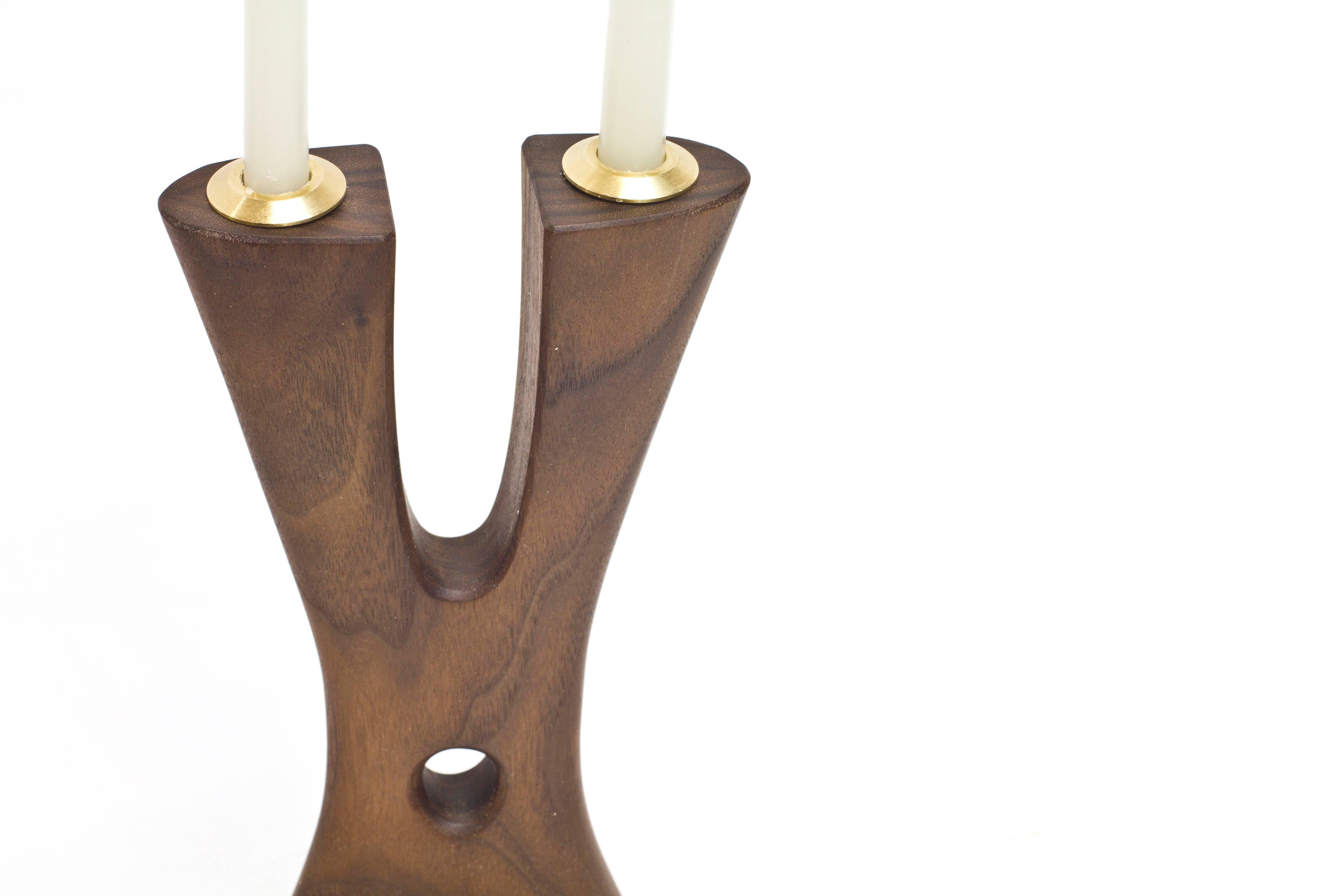 Contemporary Mastodon Candlestick in Oiled Walnut and Brass by Noah Norton for Wooda For Sale