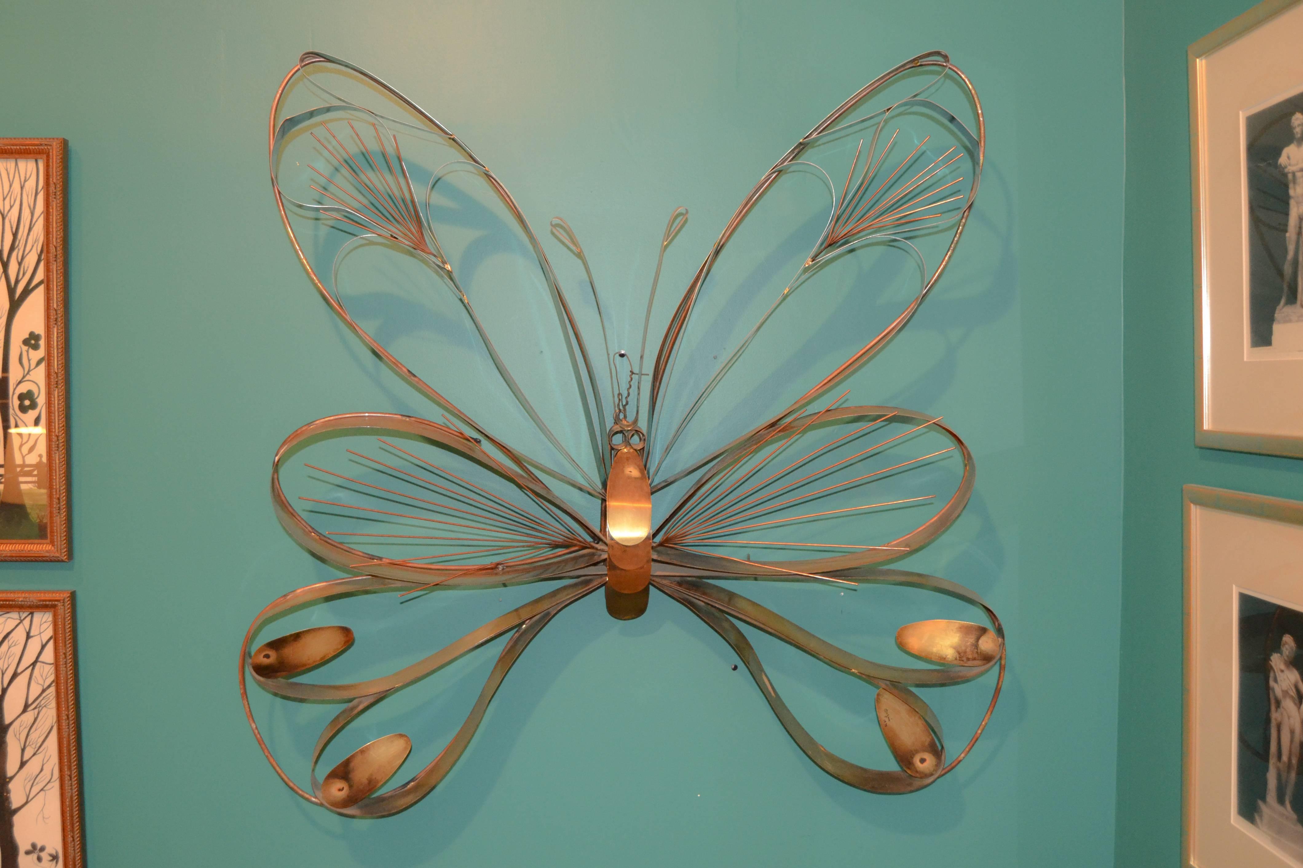 Stamped signature, Curtis Jere. Butterfly sculpture by Artisan House. Brass with copper accents. One of the most light hearted of the Jere sculptures.