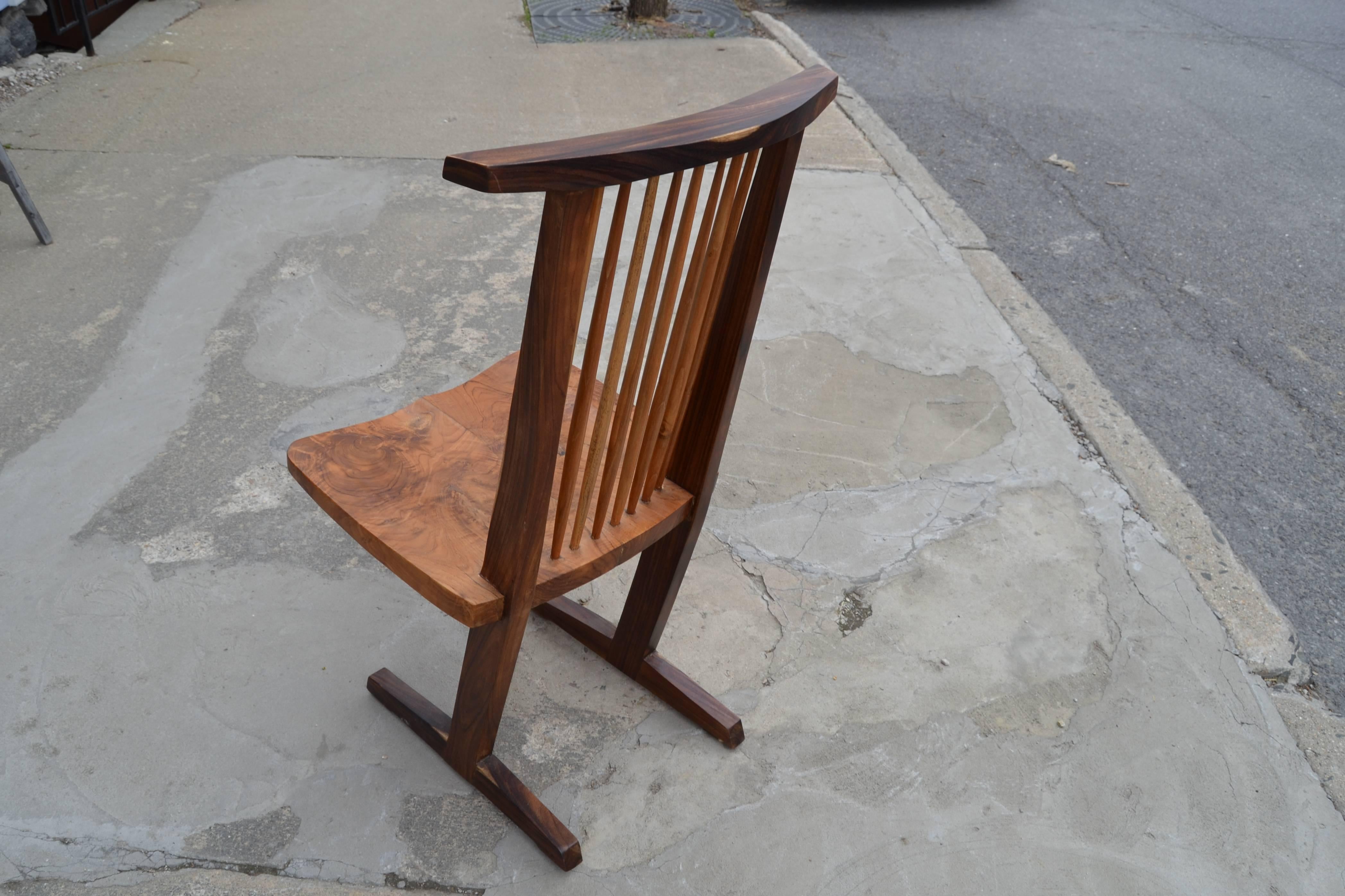 Bench made conoid style chair in the manner of George Nakashima. Burl seat with hickory accent woods.