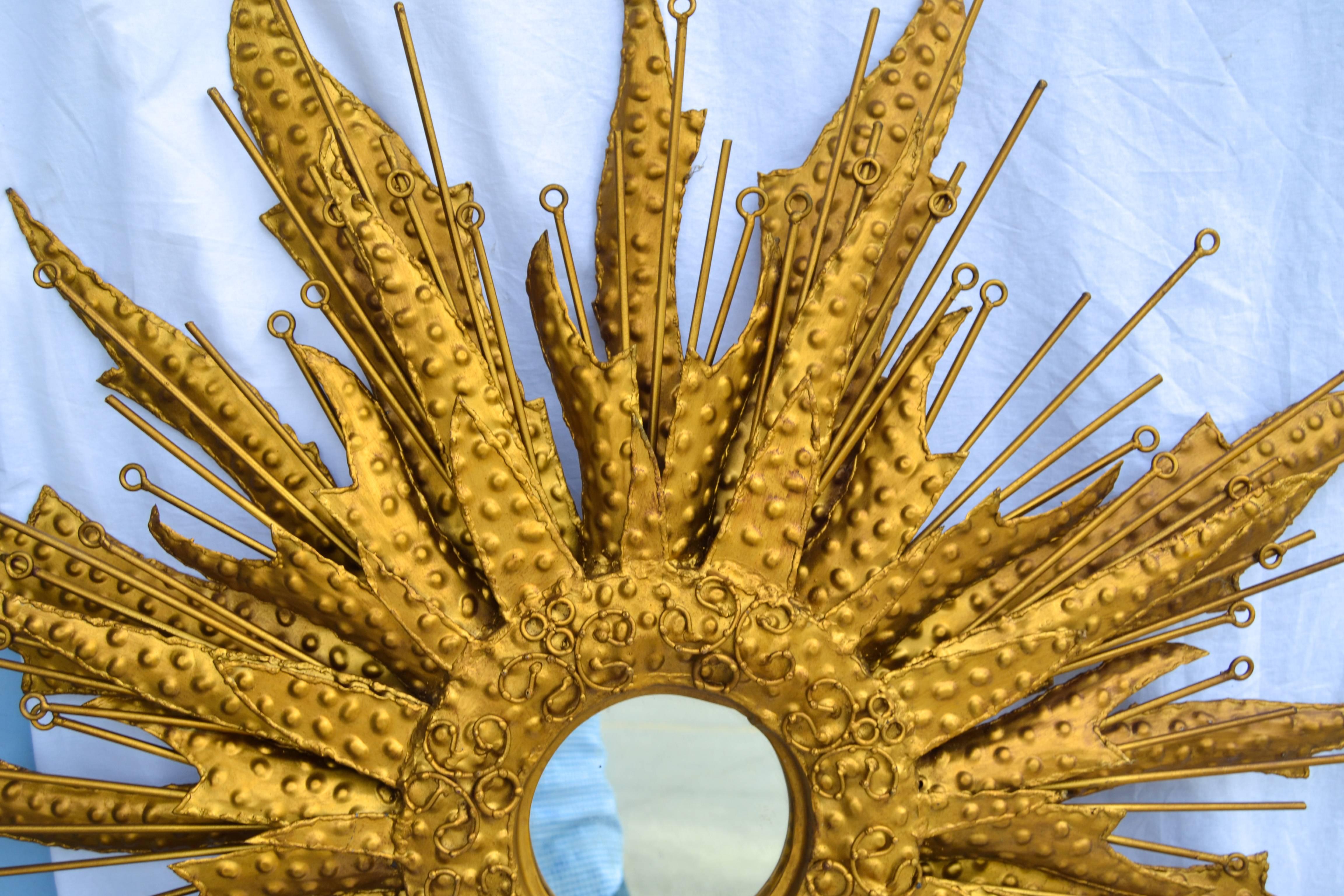 American 20th Century Gold Painted Metal Brutalist Starburst Mirror For Sale