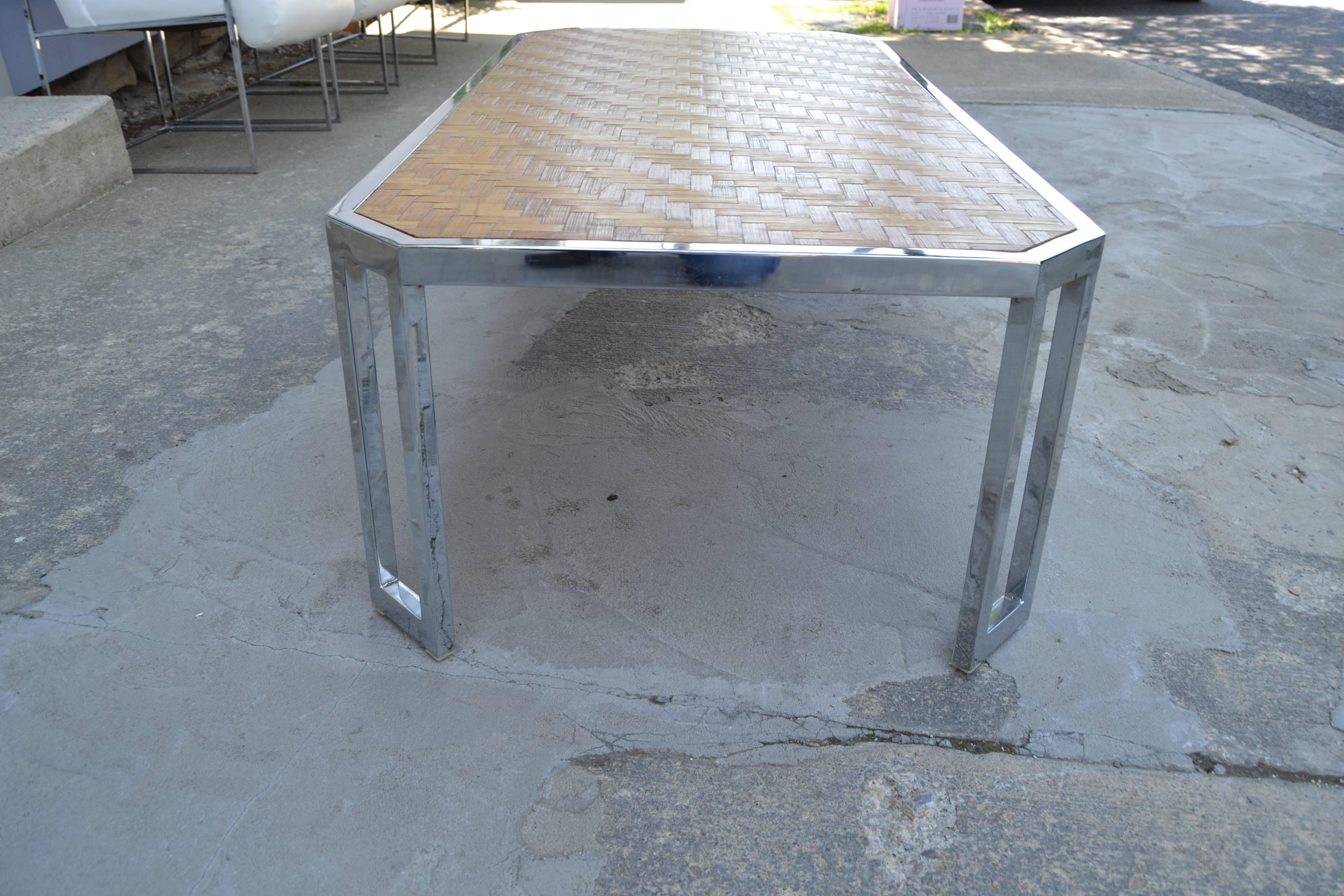 American Mid-Century Chrome and  Bamboo Parquet Top Cocktail Table For Sale