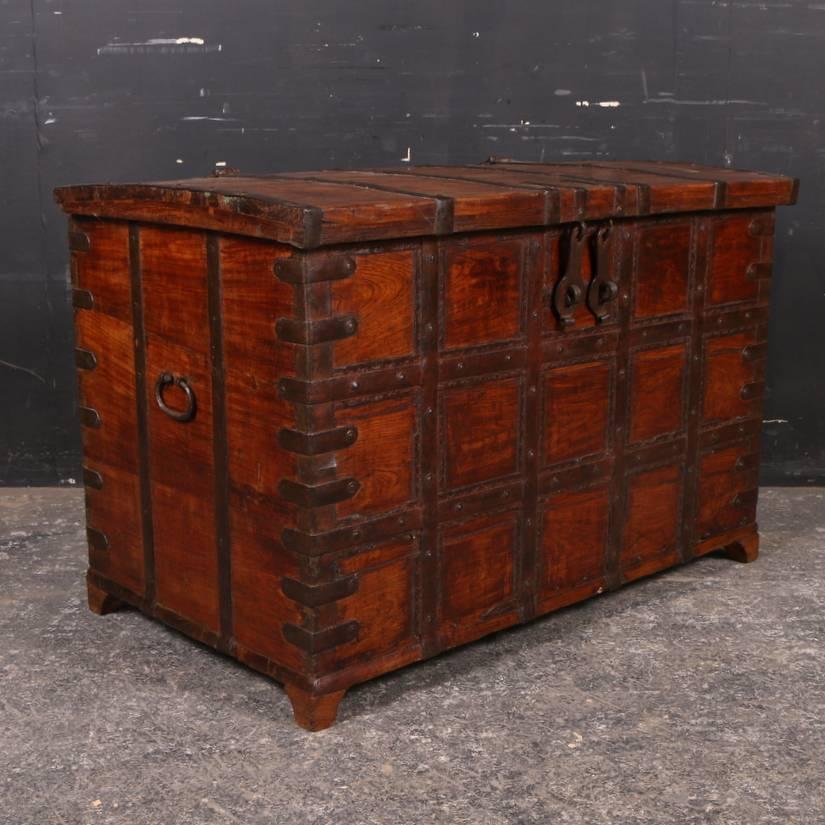 19th century Anglo-Indian metal bound coffer, 1860

Dimensions:
40 inches (102 cms) wide
23.5 inches (60 cms) deep 
26 inches (66 cms) high.


 