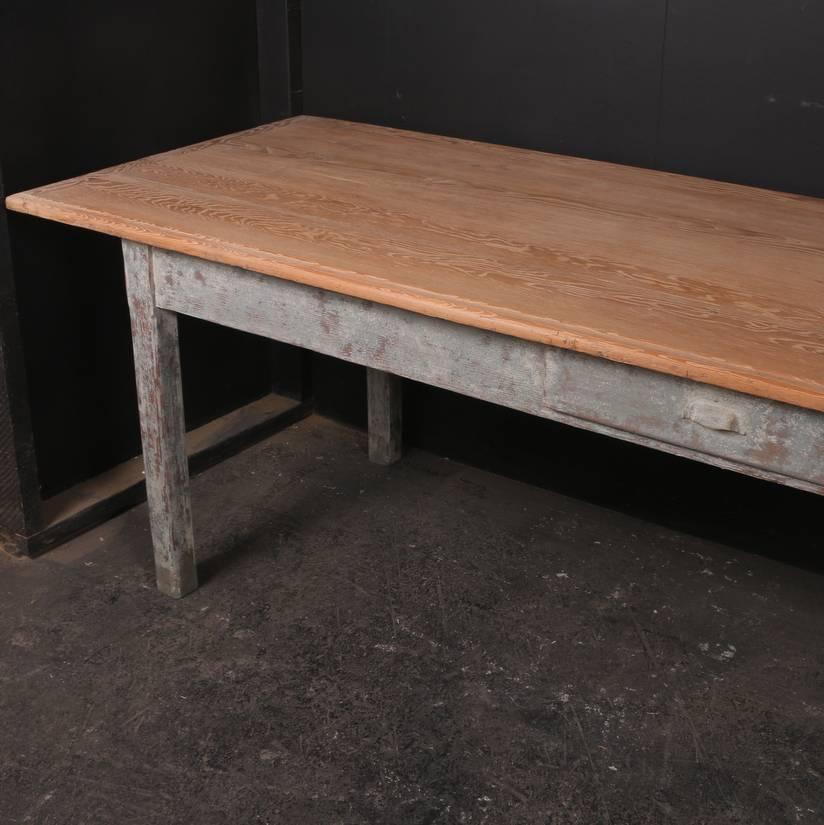 Large 19th century French painted farm table with a lovely scrubbed pine top, 1850

Clearance is 24.5
