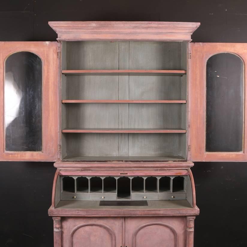 Painted 19th Century English Cylinder Bureau Bookcase