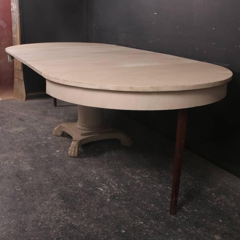 Early 19th century English painted extending dining table with three separate leaves, 1820

Measure: Extends to 101.5 inches (258cm)

 

Dimensions
30 inches (76 cms) high
46 inches (117 cms) diameter.