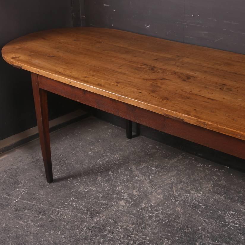 Large 19th century French applewood and oak D-end farmhouse table, 1850.

Measures: 25.5 inch (64cm) clearance under the rail.

Dimensions
117.5 inches (298 cms) wide
35.5 inches (90 cms) deep
31 inches (79 cms) high.

         