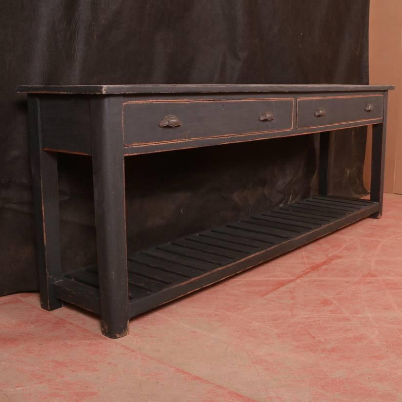 19th century painted two-drawer zinc top server with a slatted pot board. 1860



Dimensions
85.5 inches (217 cms) wide
18 inches (46 cms) deep
31 inches (79 cms) high.