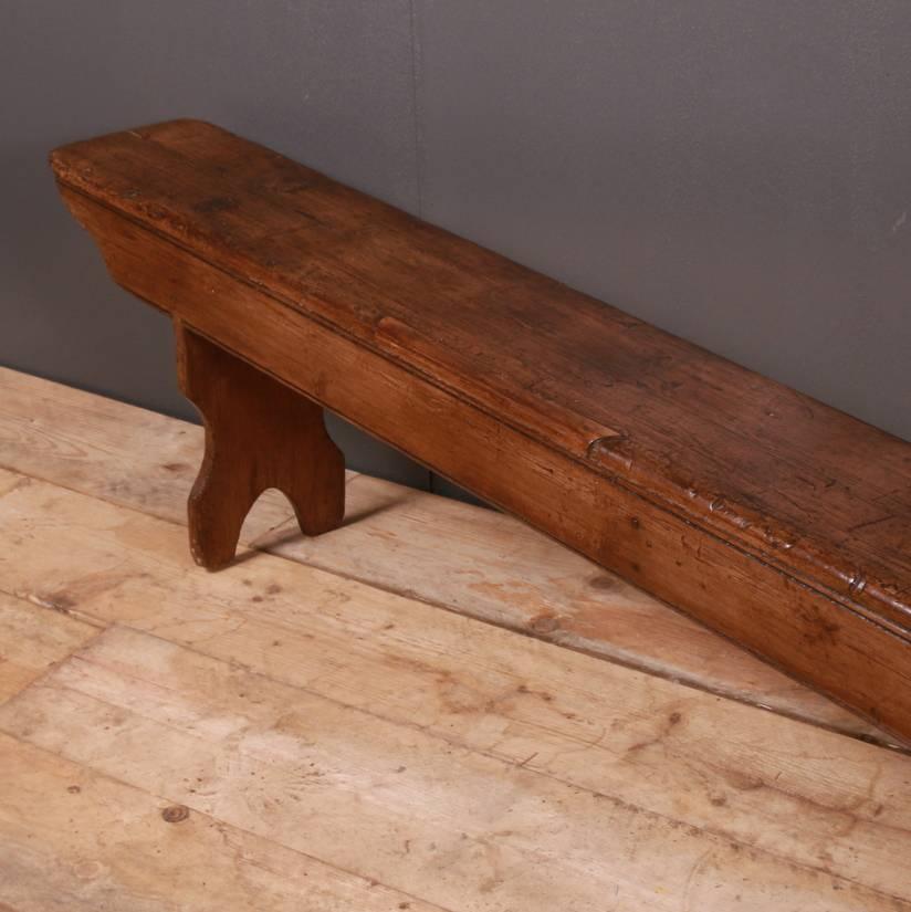 Early 19th century pine school bench, 1820

Dimensions
120 inches (305 cms) wide
8.5 inches (22 cms) deep
17 inches (43 cms) high.

         