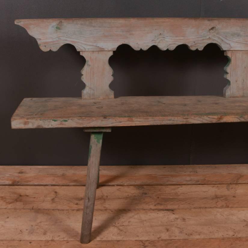 Early 19th century bleached tryleon bench with traces of original paint, 1820

Dimensions
75 inches (191 cms) wide
12.5 inches (32 cms) deep
33.5 inches (85 cms) high.

       