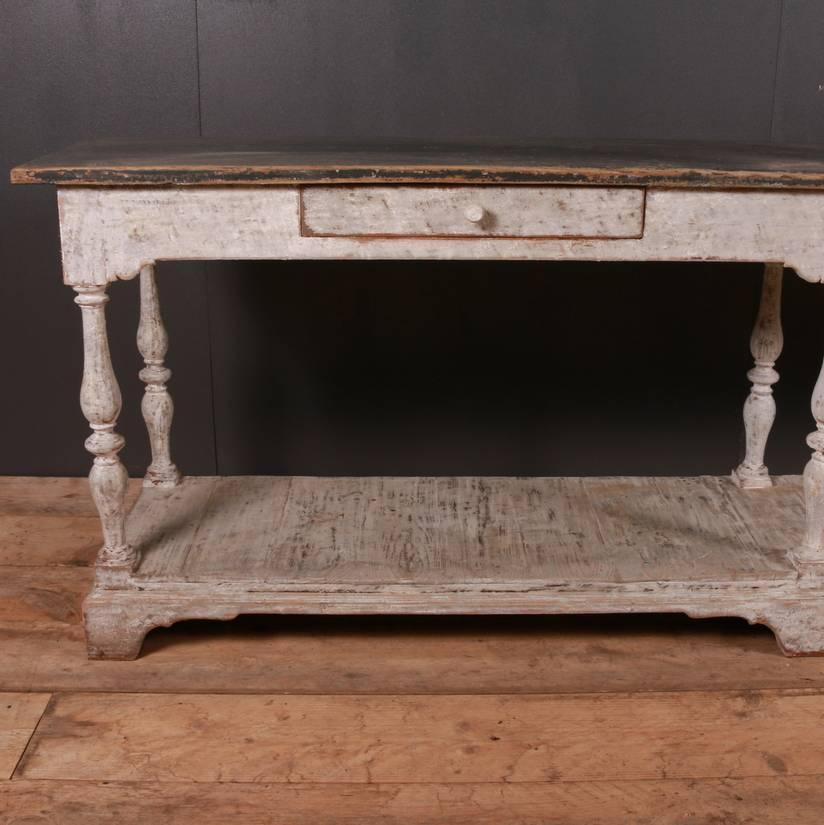Stunning 19th century French painted narrow serving table, 1890

Dimensions:
100 inches (254 cms) wide
19 inches (48 cms) deep
32 inches (81 cms) high.

 