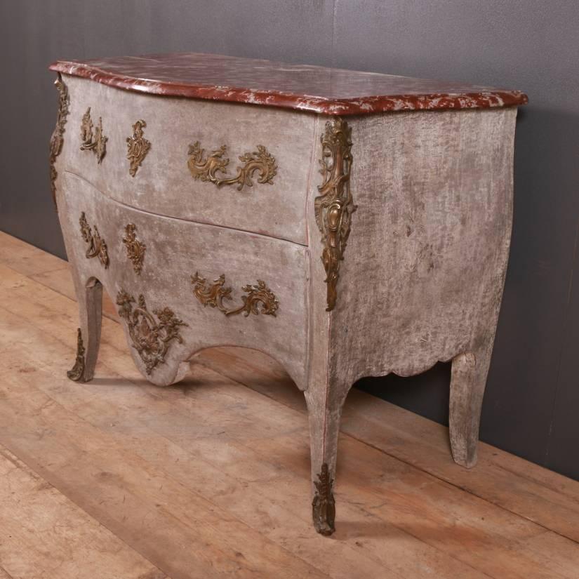 19th century painted French ormolu-mounted Rococo commode with a marble top, 1880

Dimensions:
45 inches (114 cms) Wide
23 inches (58 cms) Deep
35 inches (89 cms) High.

 