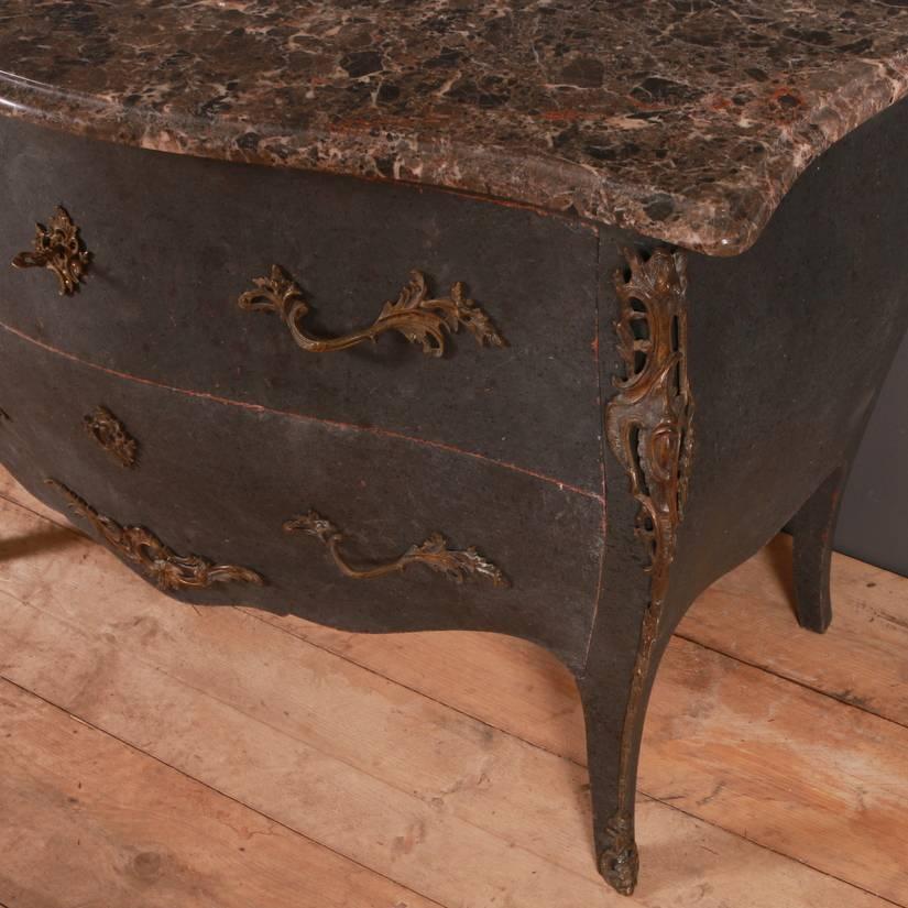 19th century painted French ormolu-mounted Rococo commode with a marble top, 1880

 

Dimensions:
47.5 inches (121 cms) wide
21.5 inches (55 cms) deep
33 inches (84 cms) high.