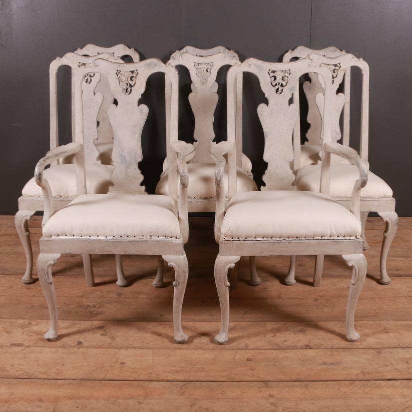 Lovely set of eight painted Swedish dining chairs. 1880

Seat height is 20 inches (51cm)

Carvers Dimensions
25 inches (64cm)
18.5 inches (47cm)
42.5 inches (107cm)

Reference: 5081

Dimensions
21 inches (53 cms) Wide
18 inches (46 cms)
