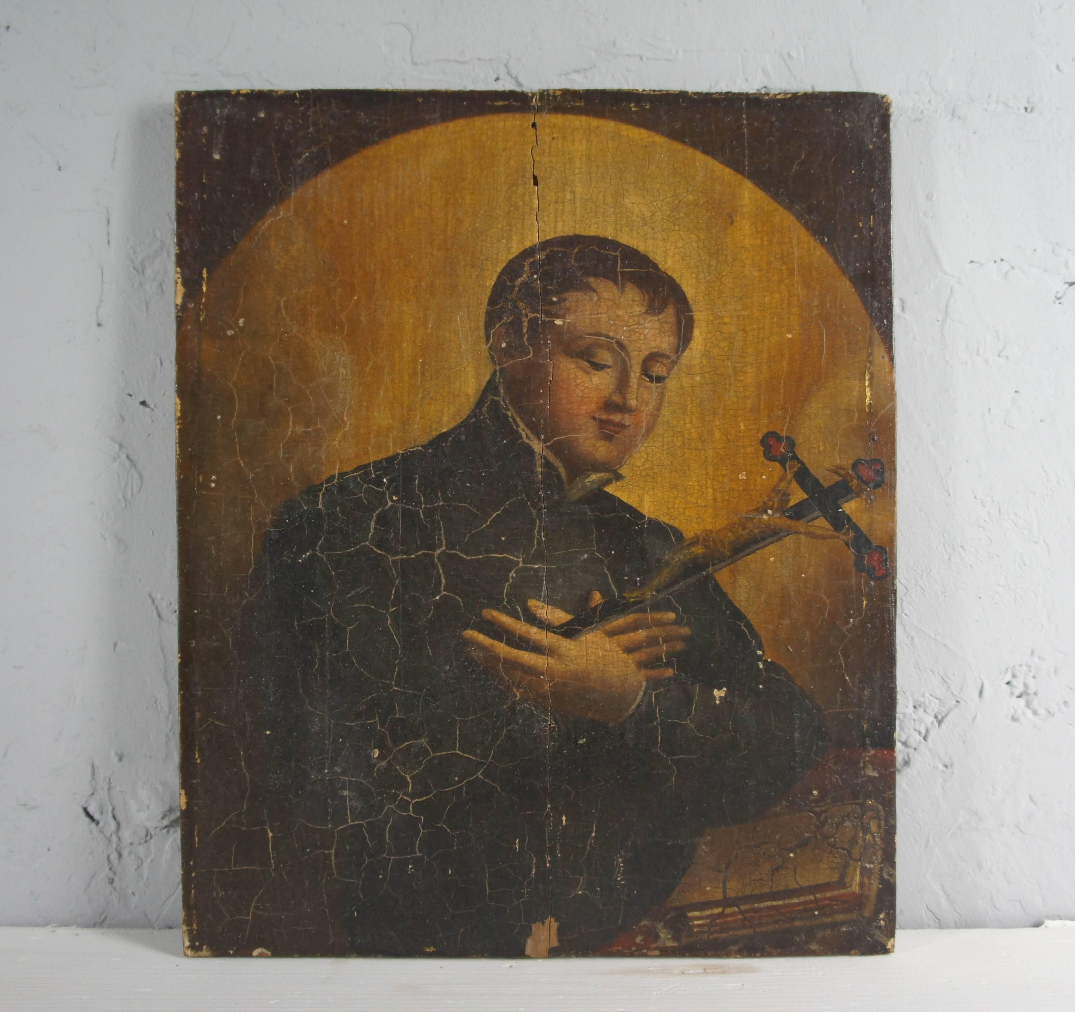 Stunning oil painting of St. Aloysius Gonzaga (1568-1591), a Jesuit priest, on hardwood. Sourced from the private collection of the English Dominican Congregation of St Catherine of Siena, stone, Staffordshire. A rare piece of Reformation iconology.